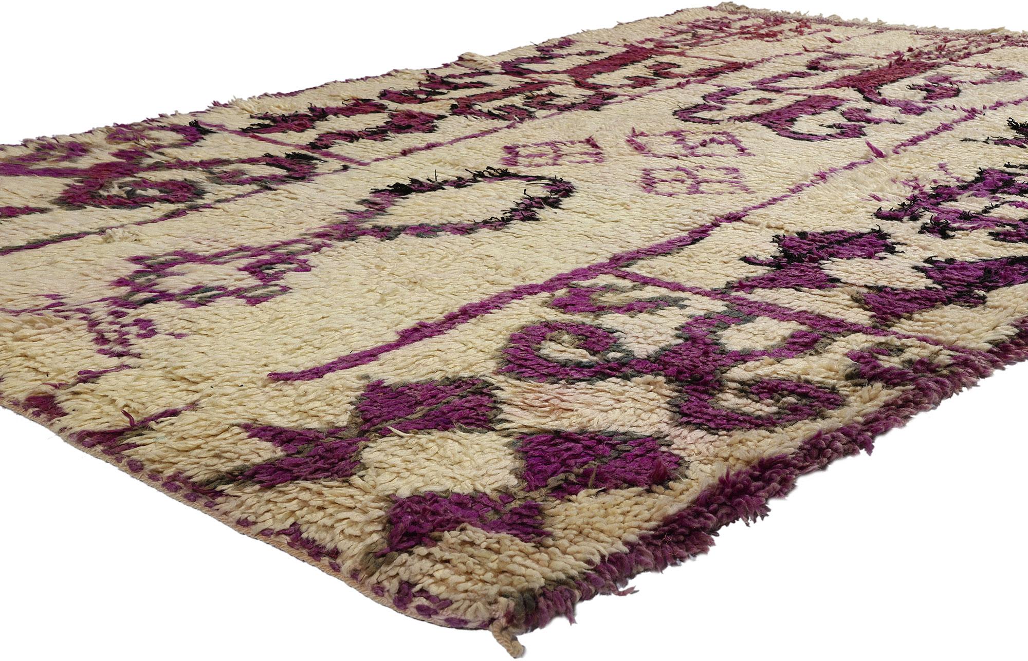 21728 Vintage Moroccan Azilal Rug, 05'02 x 07'10. Enter the vibrant world of Azilal rugs, where every delicate thread weaves a tale spun by skilled artisans amid the dynamic landscapes of central Morocco and the majestic High Atlas Mountains.