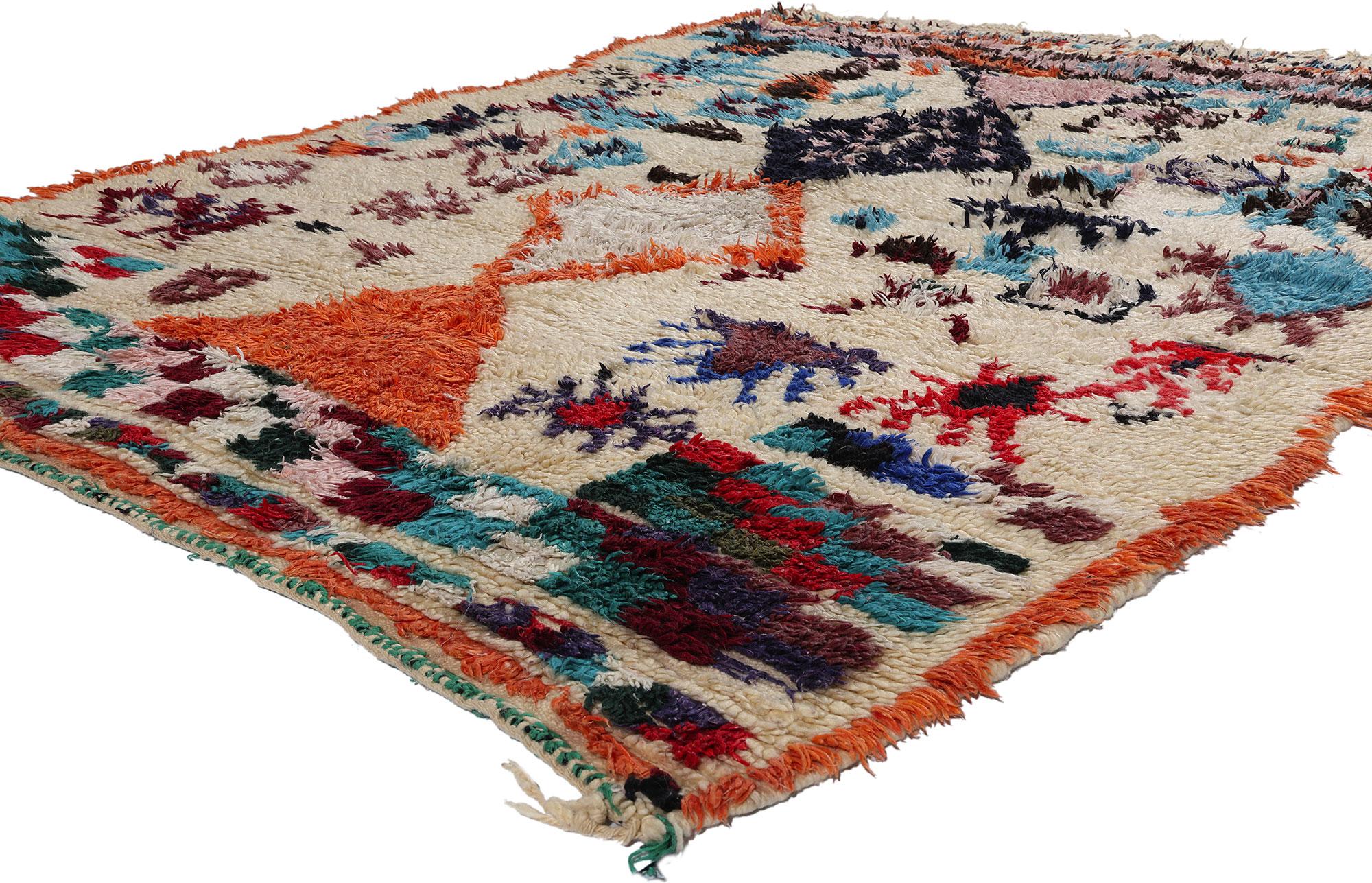 21782 Vintage Marokkanischer Azilal-Teppich, 05'07 x 08'06. Begeben Sie sich auf eine fesselnde Entdeckungsreise durch das reiche Erbe der Azilal-Teppiche, die vom lebhaften Zentrum der Provinzhauptstadt in Zentralmarokko, eingebettet in das