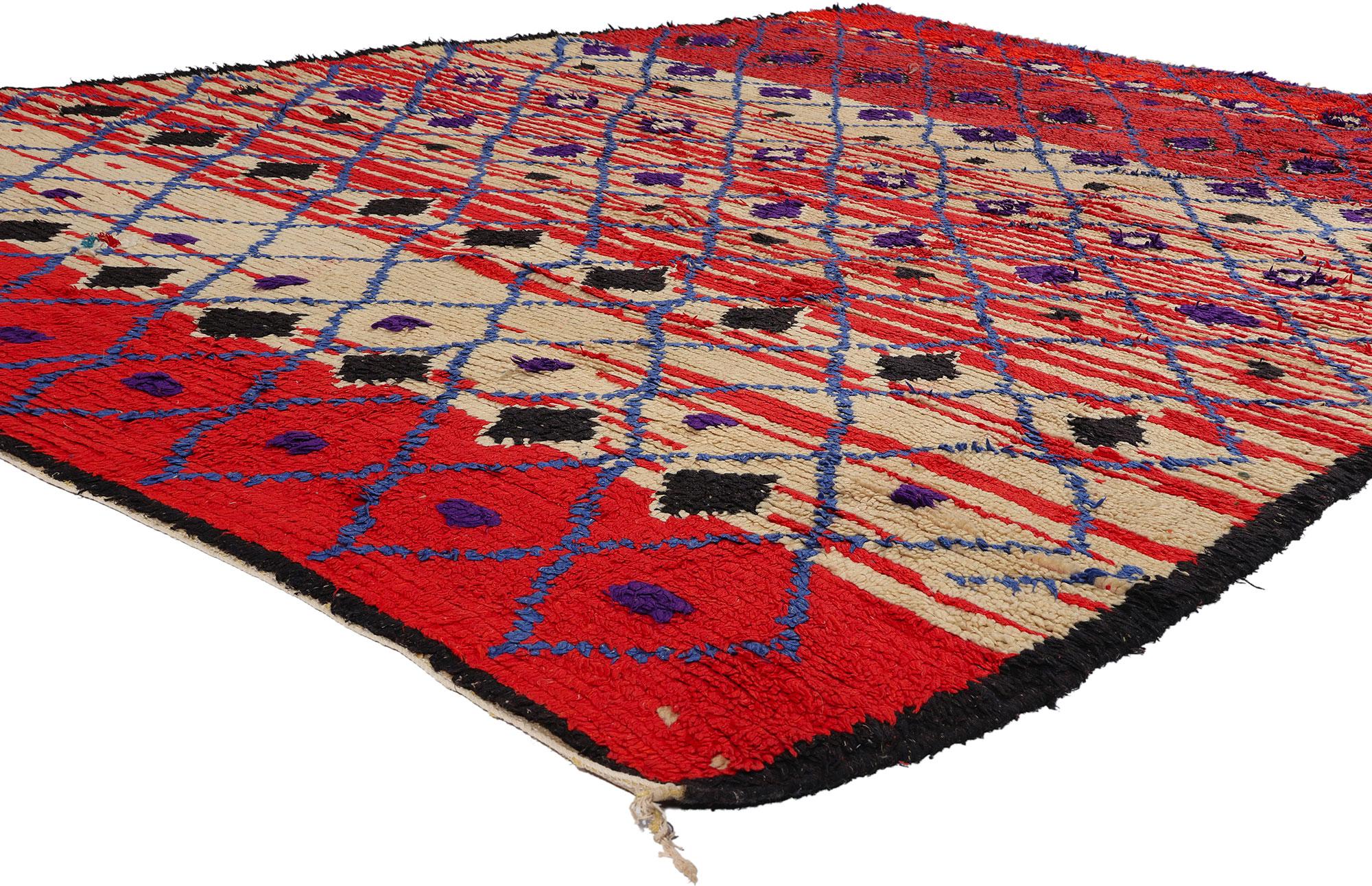 21771  Vintage Red Moroccan Azilal Rug, 07'01 x 10'04. Step into the captivating world of Azilal rugs, where every strand tells a story meticulously crafted by skilled artisans amidst the dynamic landscapes of central Morocco and the majestic High