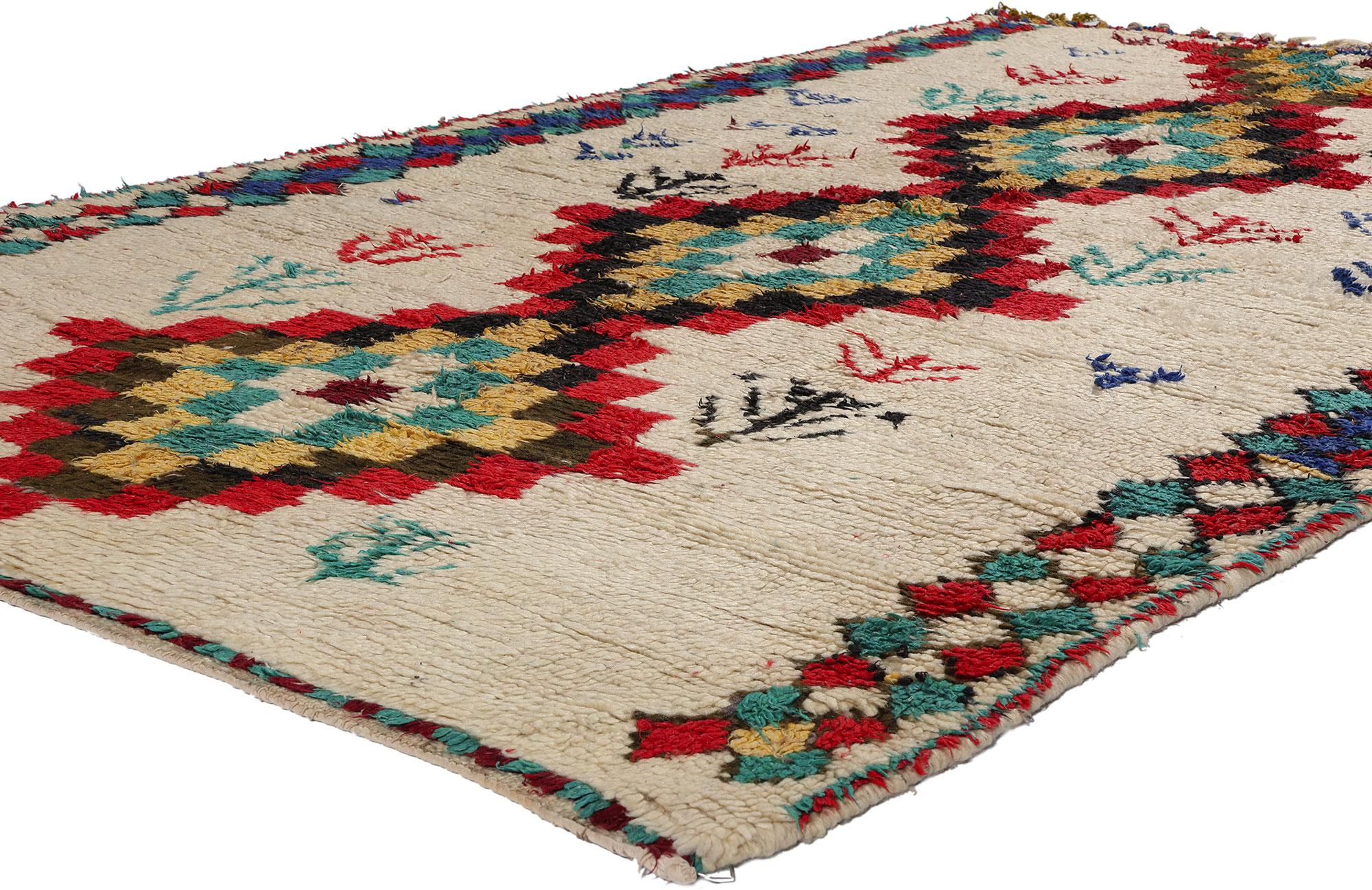 21751 Colorful Vintage Moroccan Azilal Rug, 05'04 x 09'00. Emerging with vibrant energy from the heart of central Morocco's provincial capital, nestled in the High Atlas Mountains, unfolds the dazzling legacy of Azilal rugs – a unique manifestation