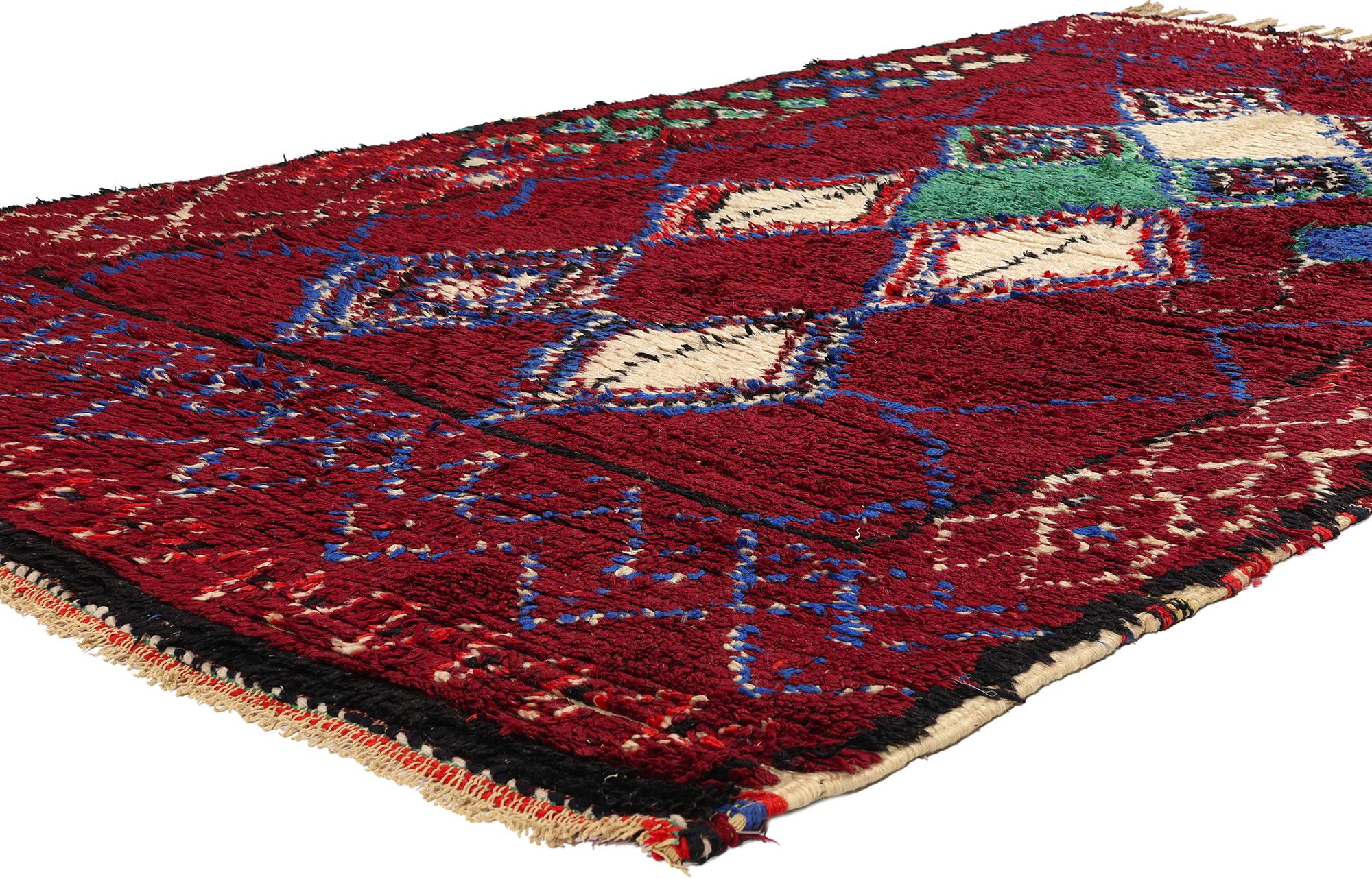 21737 Vintage Red Moroccan Azilal Rug, 05'02 x 08'10. Red Moroccan Azilal rugs stand as exquisite examples of traditional Moroccan artisanship, meticulously crafted by skilled Berber artisans originating from the Azilal region of Morocco. What