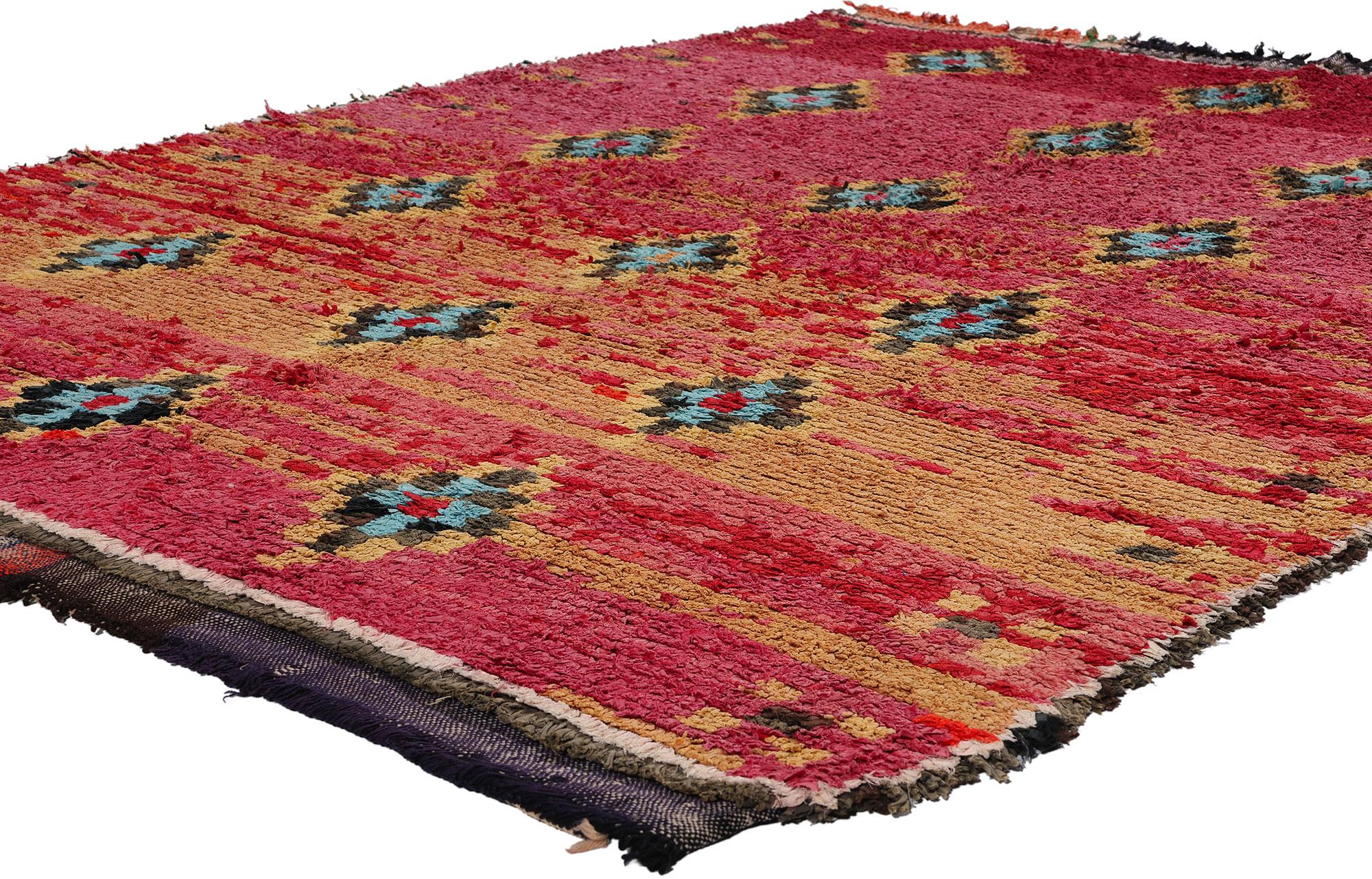 21740 Vintage Pink Moroccan Azilal Rug, 05'07 x 07'04. Enter the spirited world of Azilal rugs, where each delicate thread intricately weaves a tale spun by skilled artisans amidst the dynamic landscapes of central Morocco and the majestic High