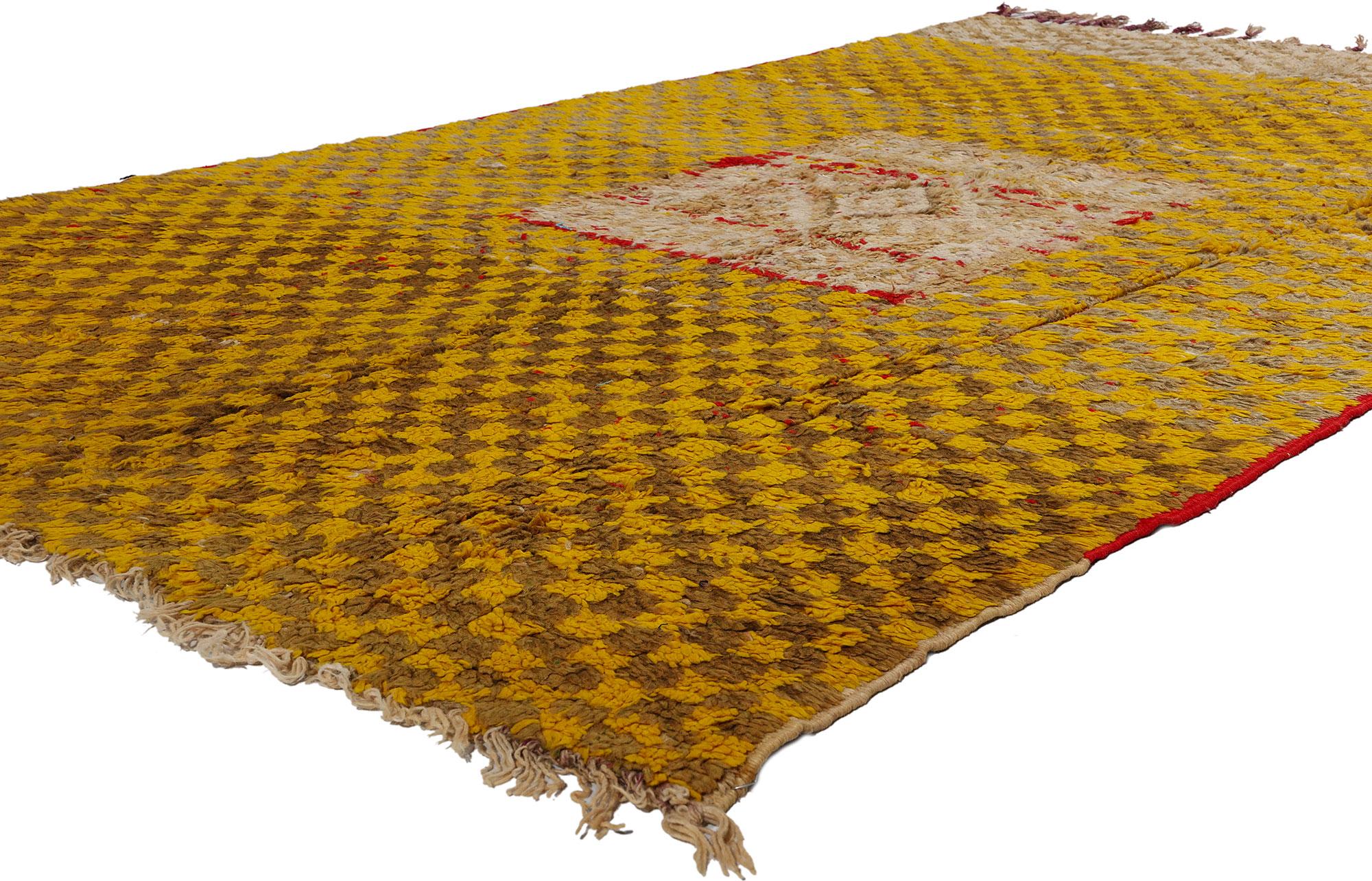 21745 Vintage Gold Moroccan Azilal Rug, 05'03 x 08'07. In a captivating union of Midcentury Modern Cubism and tribal allure, this hand-knotted wool vintage Moroccan Azilal rug stands as a testament to artistic fusion. Its bold geometry commands