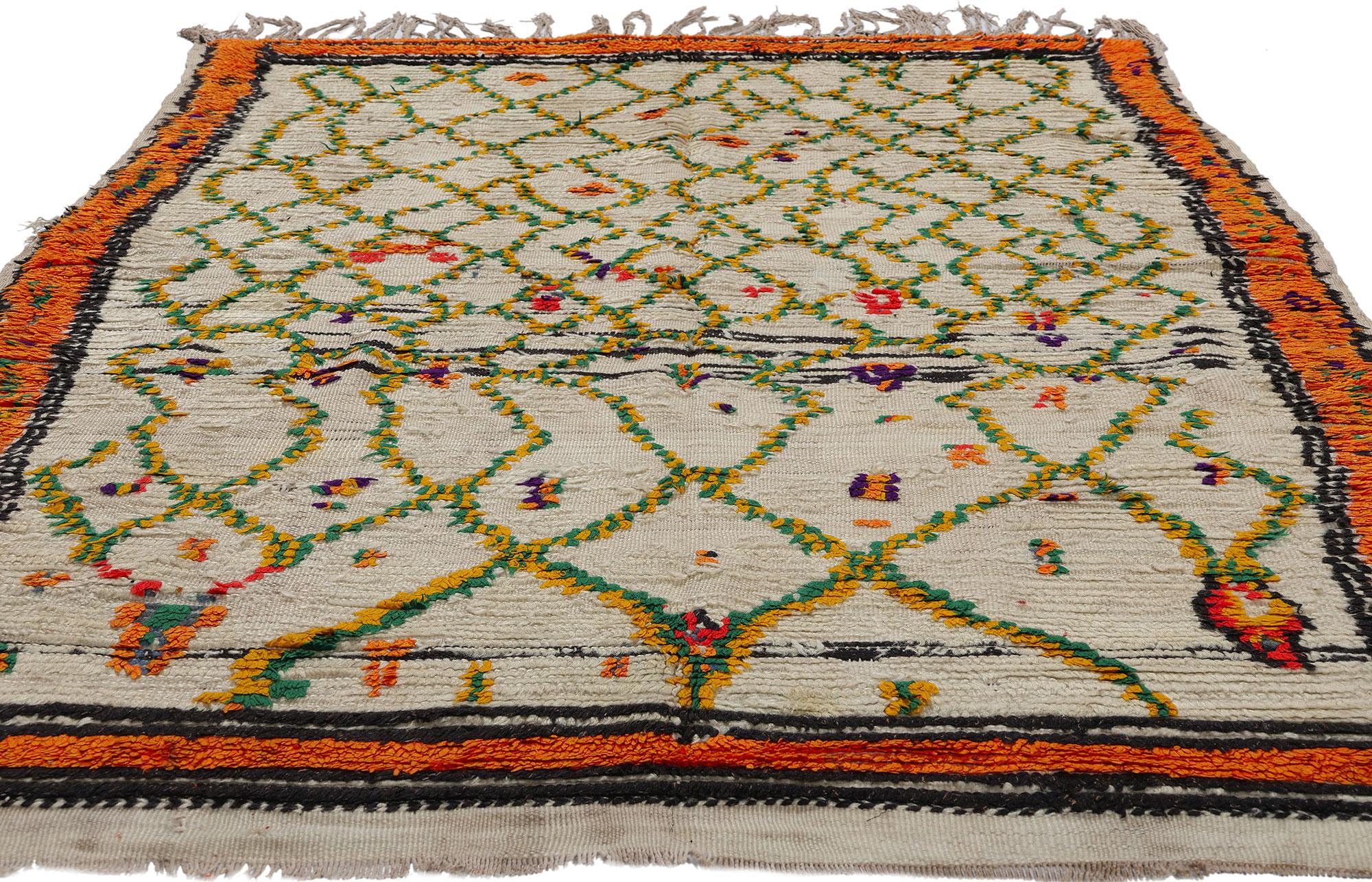 Bohemian Vintage Berber Moroccan Azilal Rug, Cozy Boho Chic Meets Tribal Enchantment For Sale