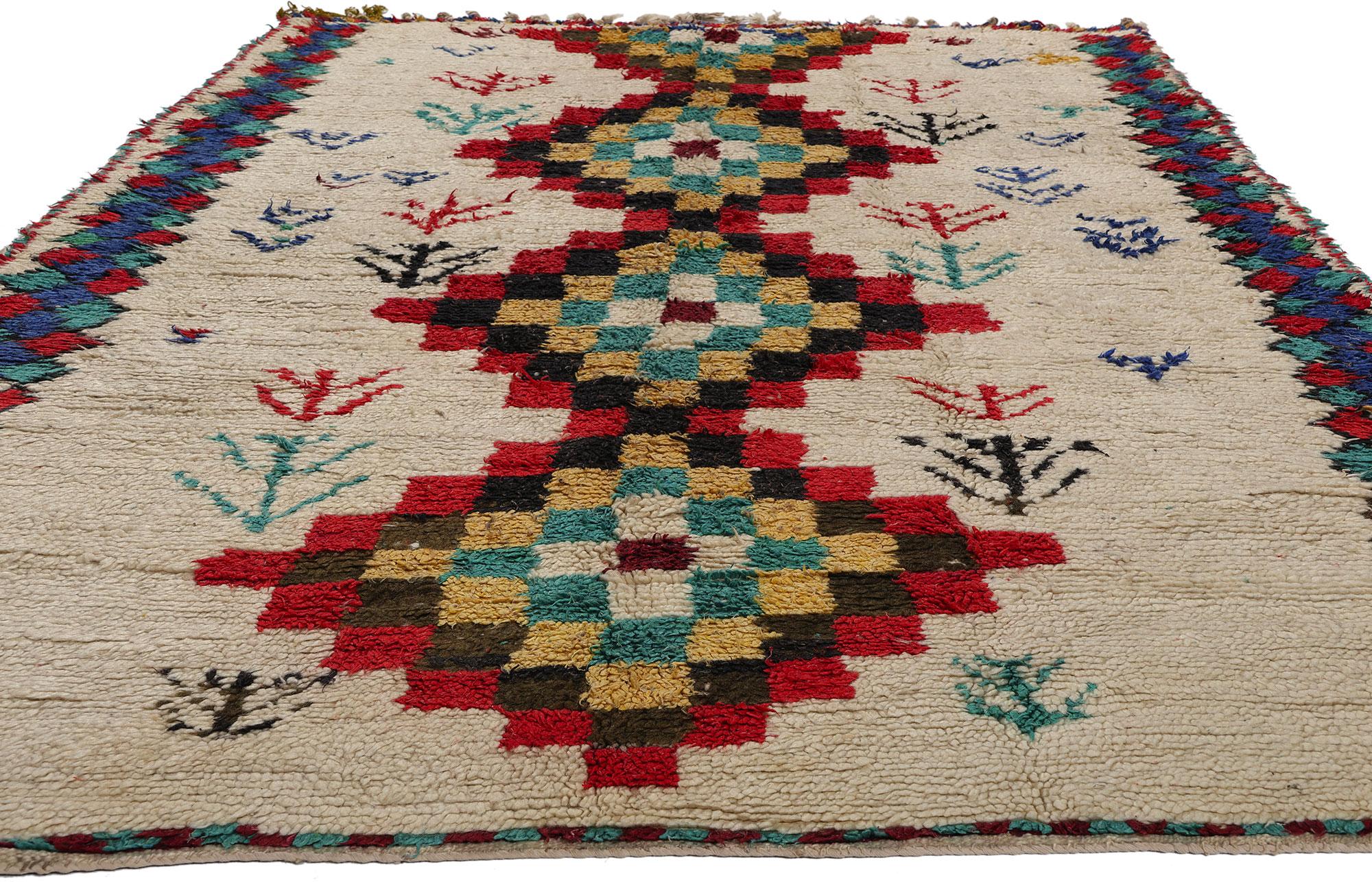 Bohemian Vintage Berber Moroccan Azilal Rug, Cozy Boho Chic Meets Tribal Enchantment For Sale