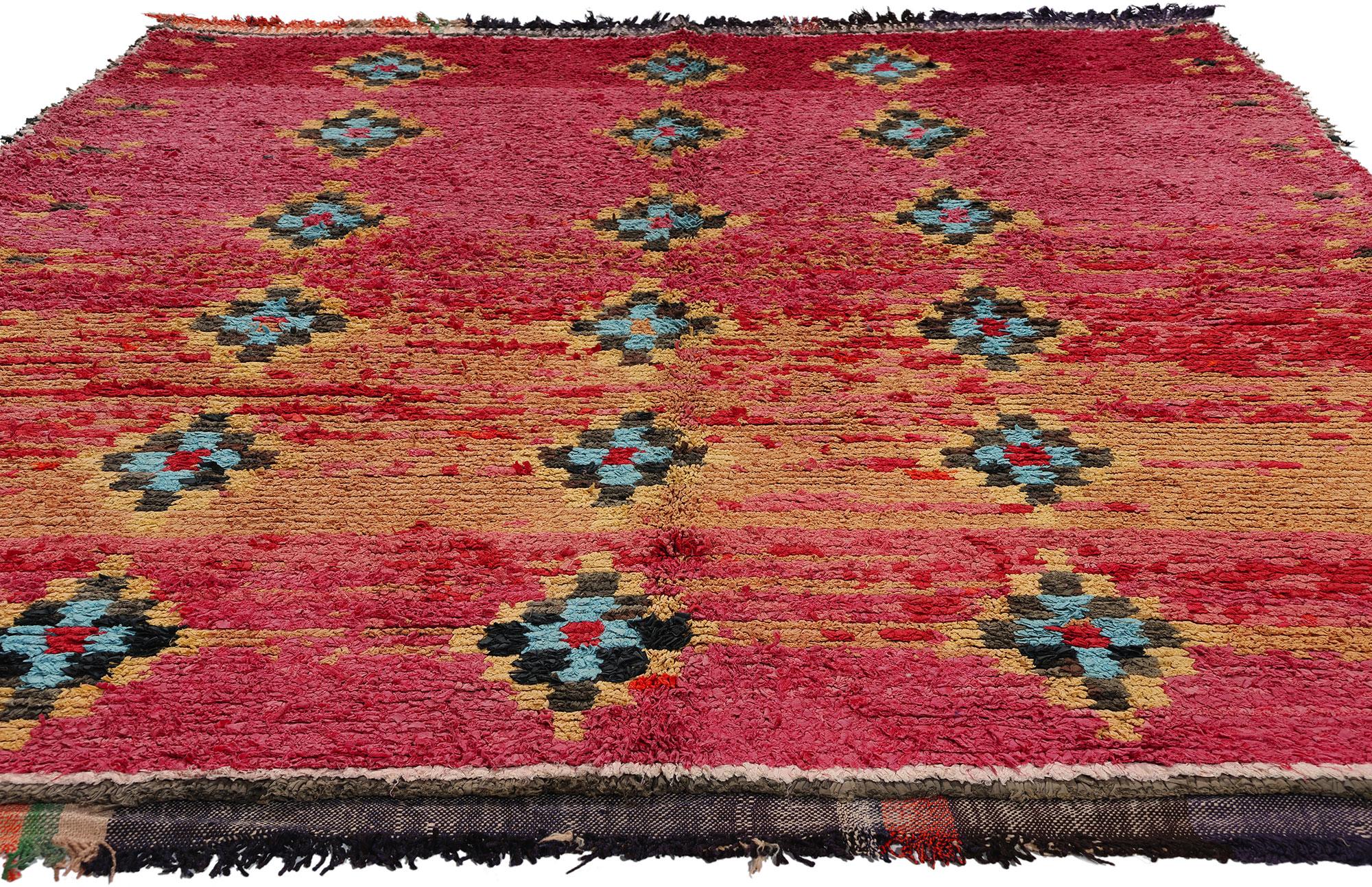 Bohemian Vintage Berber Moroccan Azilal Rug, Cozy Boho Chic Meets Tribal Enchantment For Sale