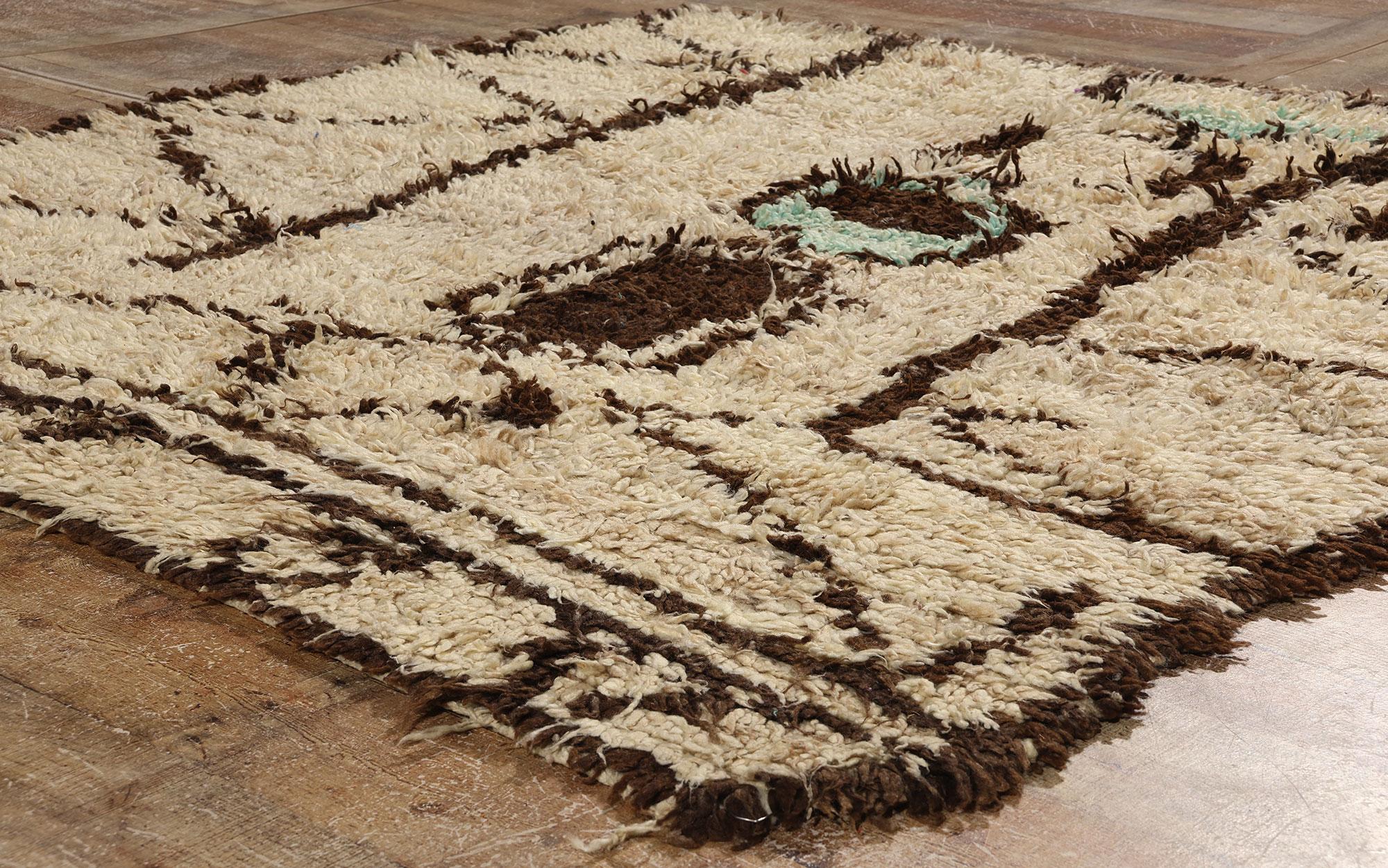 Wool Vintage Berber Moroccan Azilal Rug, Cozy Boho Chic Meets Tribal Enchantment For Sale