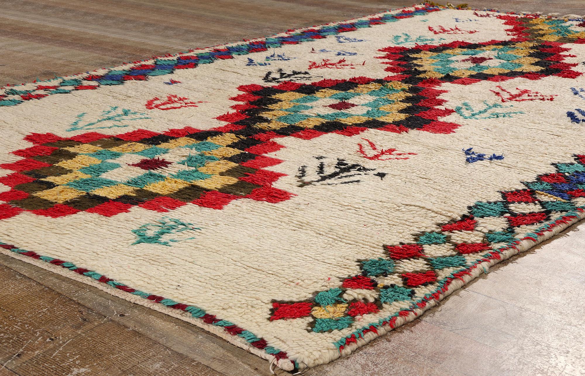 Wool Vintage Berber Moroccan Azilal Rug, Cozy Boho Chic Meets Tribal Enchantment For Sale