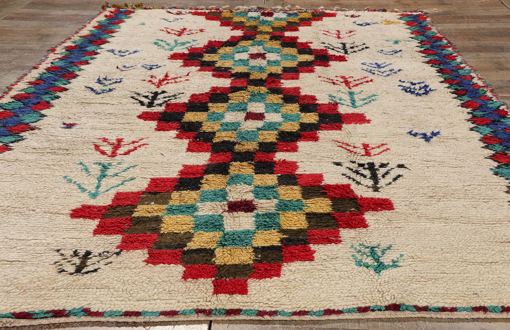 Vintage Berber Moroccan Azilal Rug, Cozy Boho Chic Meets Tribal Enchantment For Sale 1