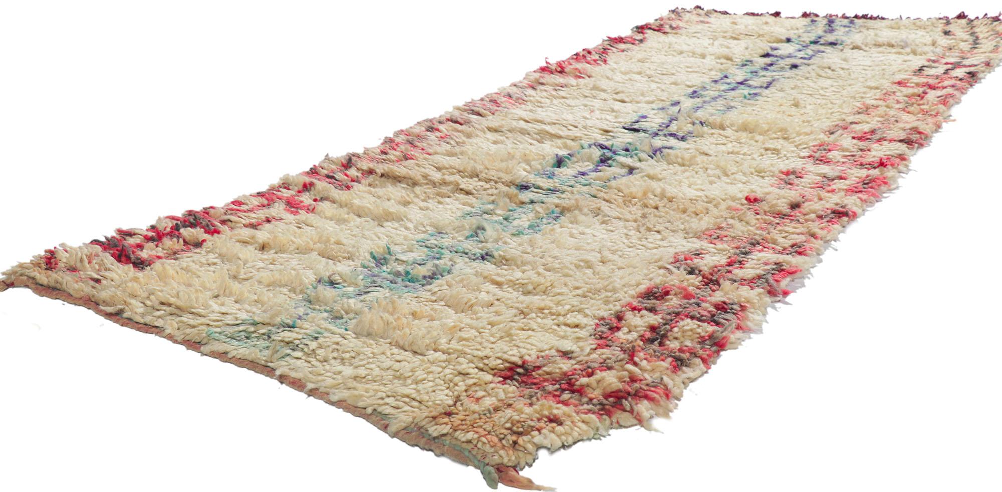 21635 Vintage Berber Moroccan Azilal rug 02'05 x 07'00. With its simplicity, tribal style, incredible detail and texture, this hand knotted wool vintage Berber Moroccan Azilal rug is a captivating vision of woven beauty. The abrashed field features
