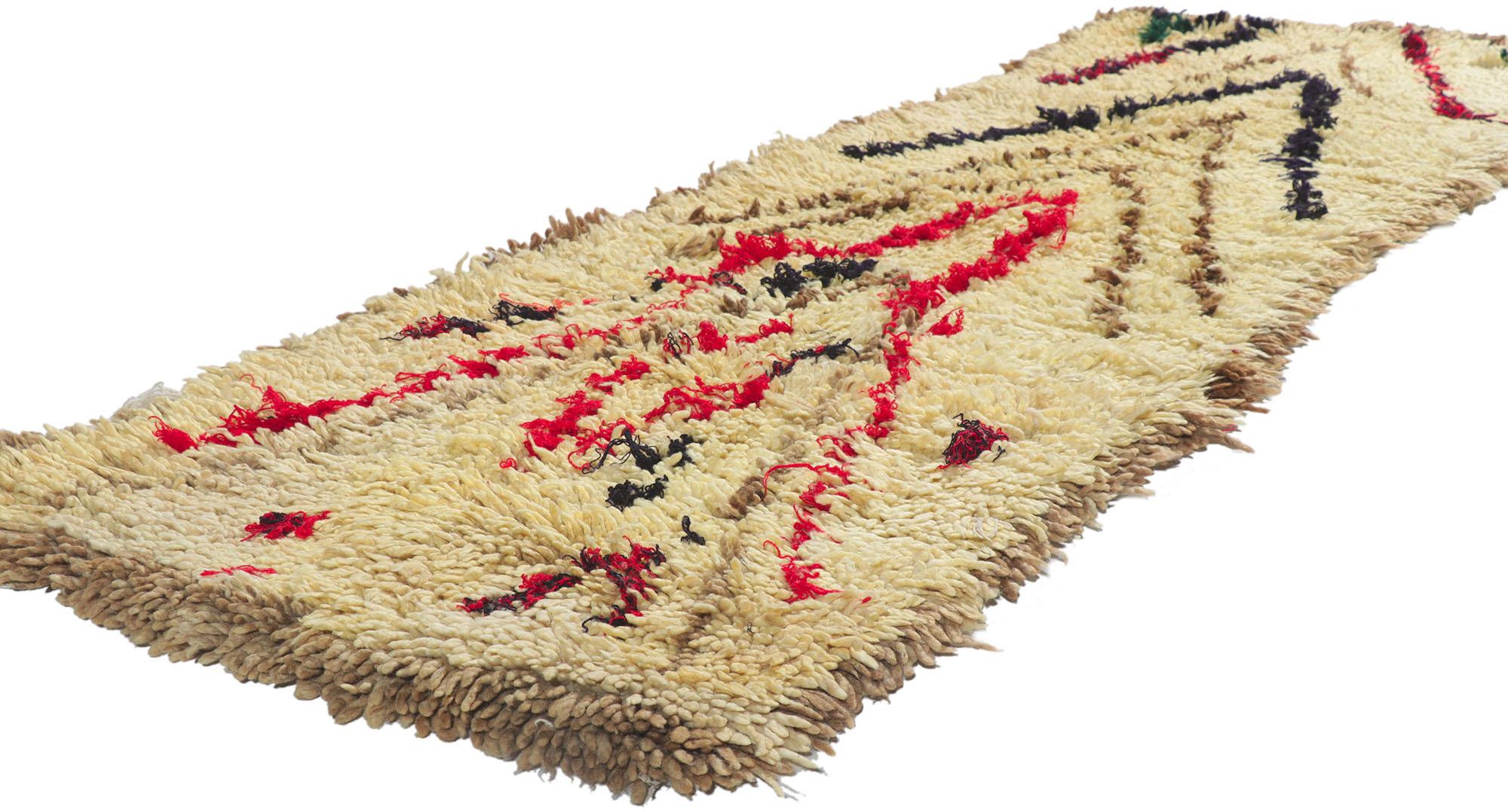 21634 Vintage Berber Moroccan Azilal Rug with Tribal Style 02'01 x 06'04. With its simplicity, tribal style, incredible detail and texture, this hand knotted wool vintage Berber Moroccan Azilal rug is a captivating vision of woven beauty. The