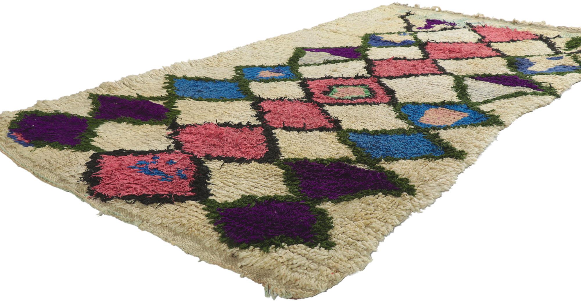 21629 Vintage Berber Moroccan Azilal Rug, 03'09 x 03'06. With its simplicity, bohemian style, incredible detail and texture, this hand knotted wool vintage Berber Moroccan Azilal rug is a captivating vision of woven beauty. The abrashed field