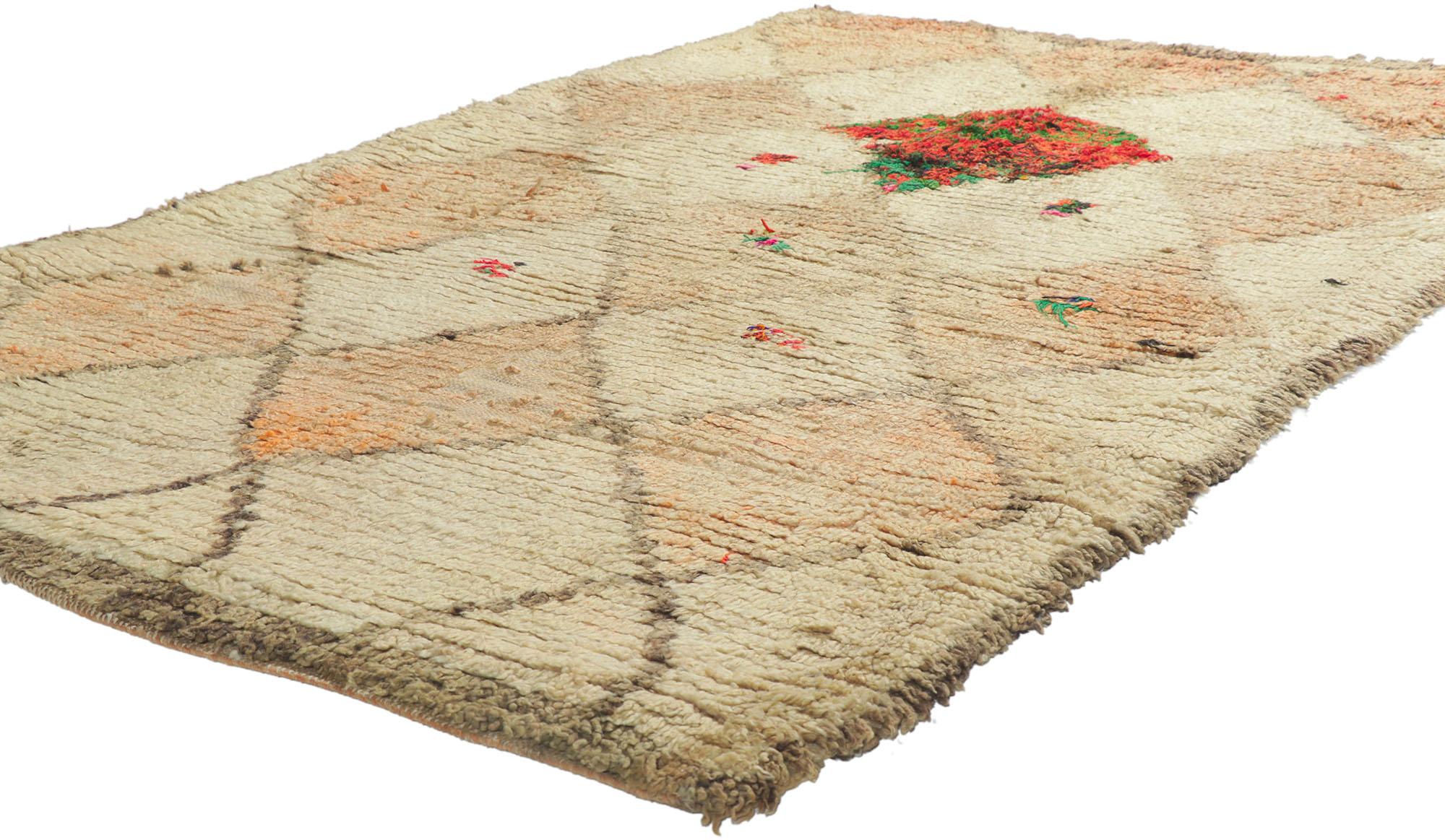 21613 Vintage Berber Moroccan Azilal Rug, 03'11 x 06'03. With its simplicity, boho chic style, incredible detail and texture, this hand knotted wool vintage Berber Moroccan Azilal rug is a captivating vision of woven beauty. The abrashed field