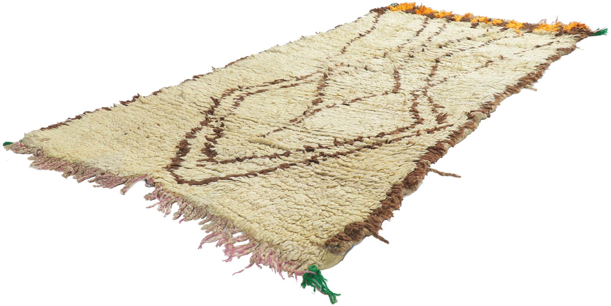 21610 Vintage Moroccan Azilal Rug, 02'07 x 05'04. 

Step into the whimsical world where neutral boho chic rendezvouses with wabi-sabi in this hand-knotted vintage Moroccan Azilal rug. Picture it as the lovechild of a chic, earthy aesthetic and the