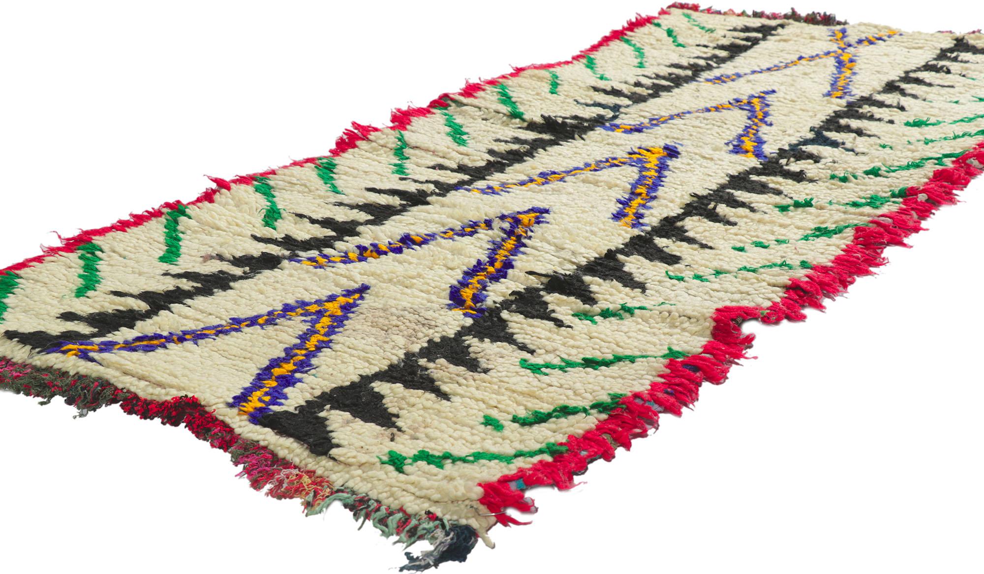 21606 Vintage Boucherouite Moroccan Rag Rug, 02'05 x 05'06.
​Tribal boho meets vibrant jungalow style in this hand knotted vintage Boucherouite Moroccan rag rug. The tribal design and lively colors woven into this piece work together creating a