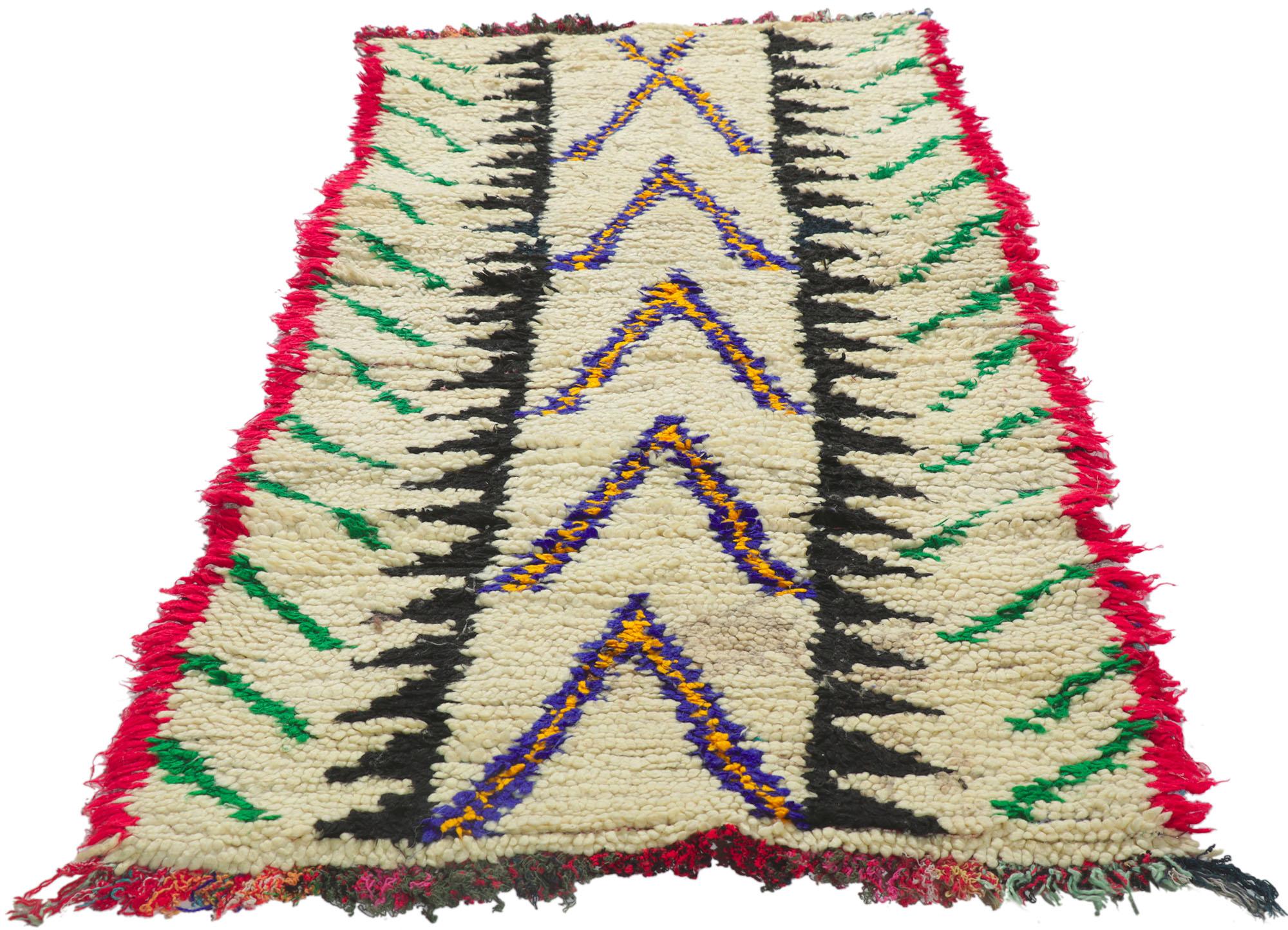 Hand-Knotted Vintage Berber Moroccan Azilal Rug, Tribal Boho Meets Vibrant Jungalow