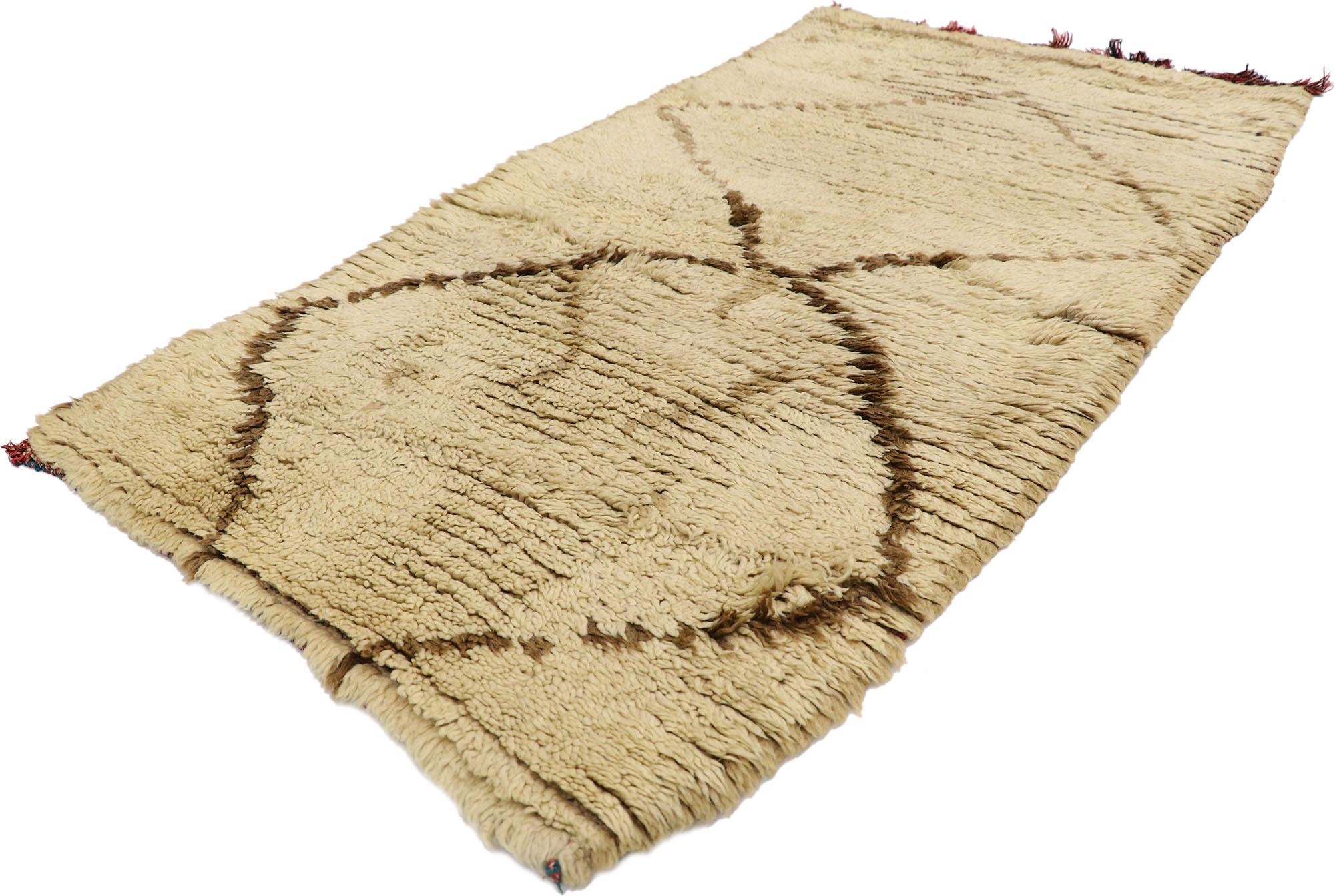 21553 Vintage Berber Moroccan Azilal Rug, 02'06 x 04'10.
Neutral boho chic meets wabi-sabi in this hand knotted vintage Moroccan Azilal rug. The intrinsic diamond design and neutral earth-tone colors woven into this piece work together creating a
