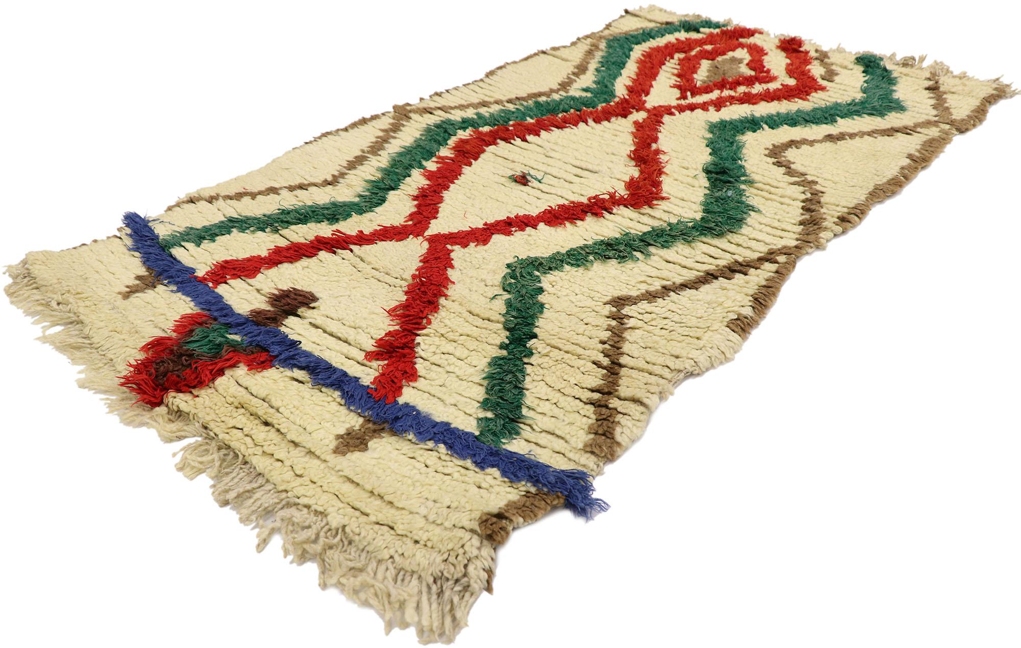 21554 Vintage Moroccan Azilal Rug, 02'06 x 04'05.
​Nomadic charm meets tribal style in this hand knotted wool vintage Berber Moroccan Azilal rug. The perfectly imperfect chevron design and nature-inspired color palette woven into this piece work