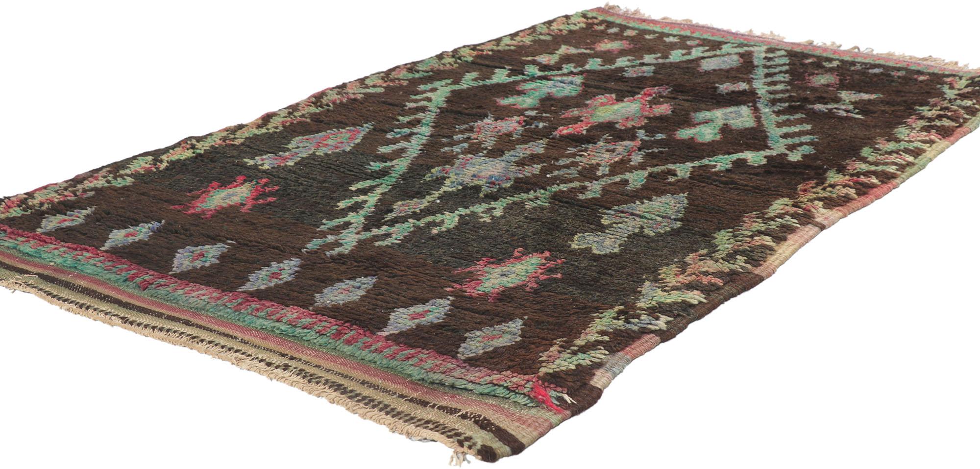 21619 Vintage Berber Moroccan Azilal Rug, 02'10 x 04'02. 
Nomadic Charm collides with esoteric elegance in this hand knotted wool vintage Berber Moroccan Azilal rug. The eye-catching geometric pattern and lively colors woven into this vintage