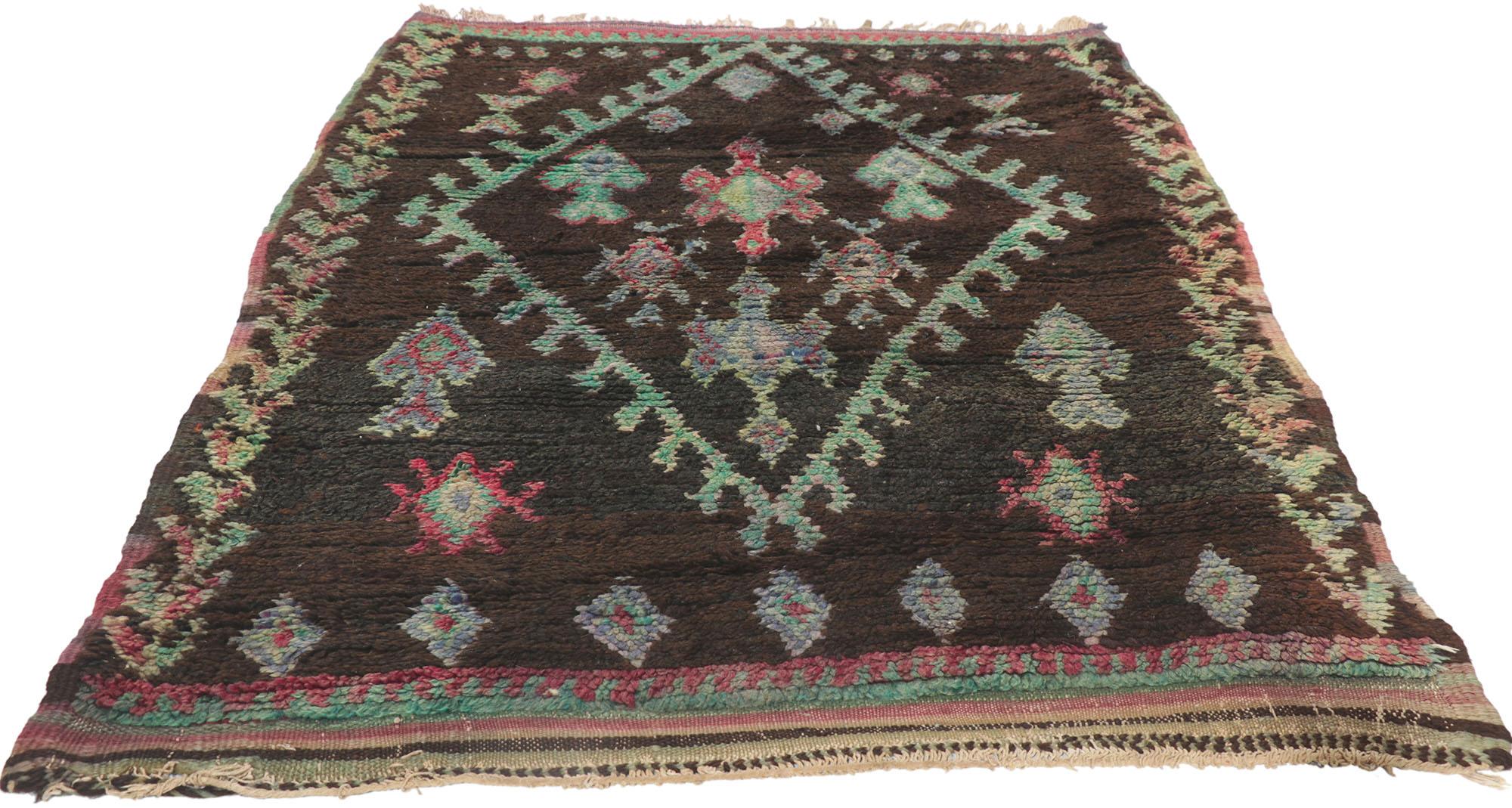Tribal Vintage Berber Moroccan Azilal Rug, Nomadic Charm Meets with Esoteric Elegance For Sale