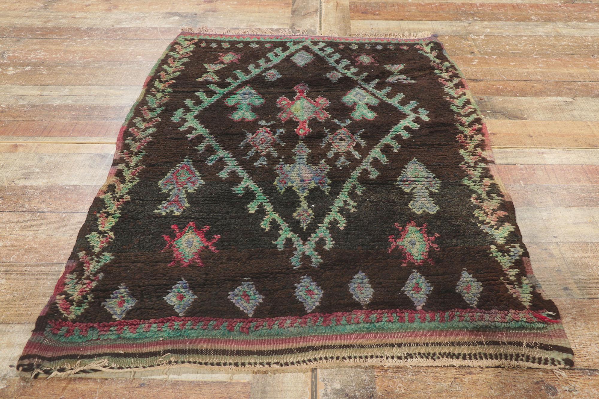 Wool Vintage Berber Moroccan Azilal Rug, Nomadic Charm Meets with Esoteric Elegance For Sale