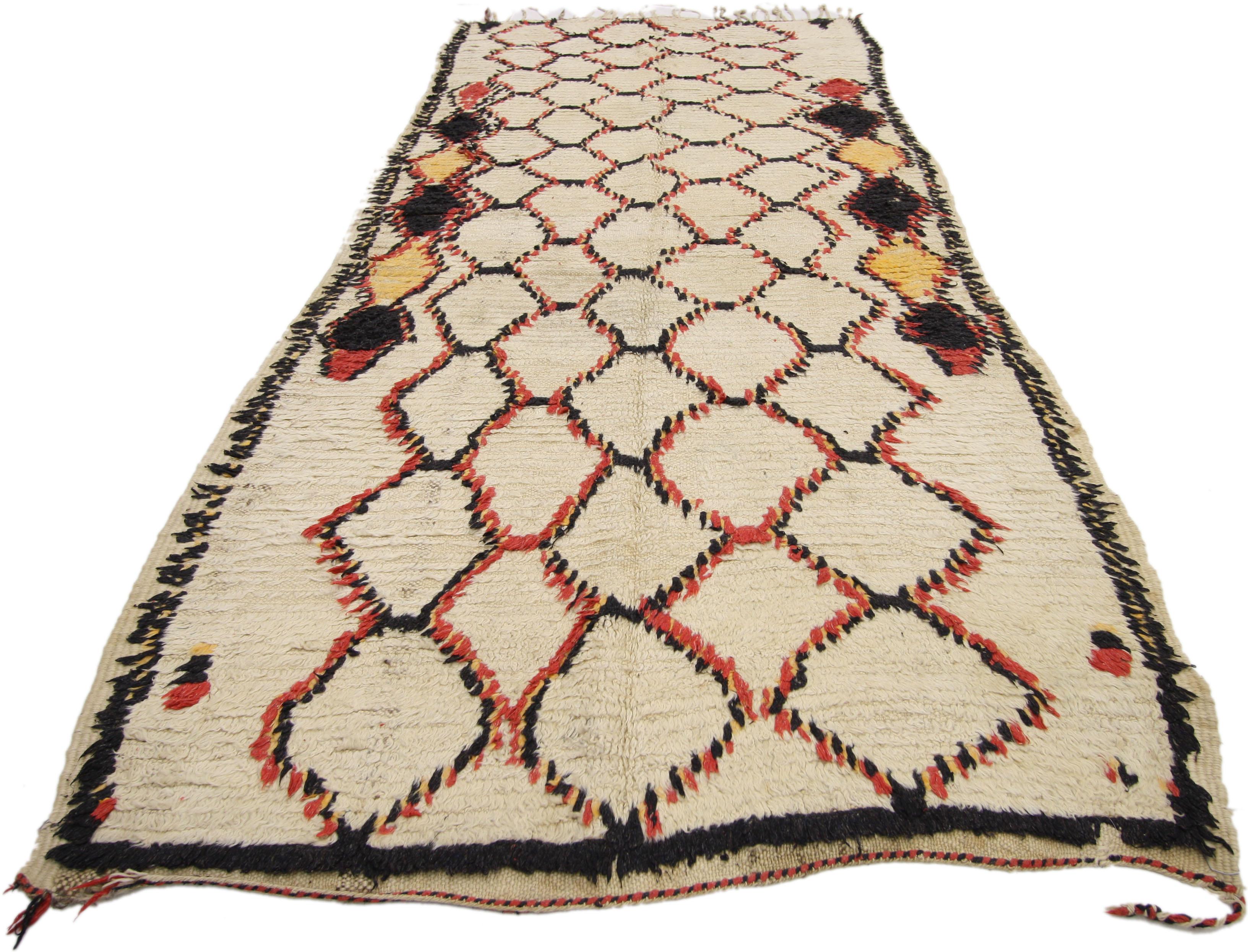 Hand-Knotted Vintage Berber Moroccan Azilal Rug Runner with Abstract Tribal Style For Sale