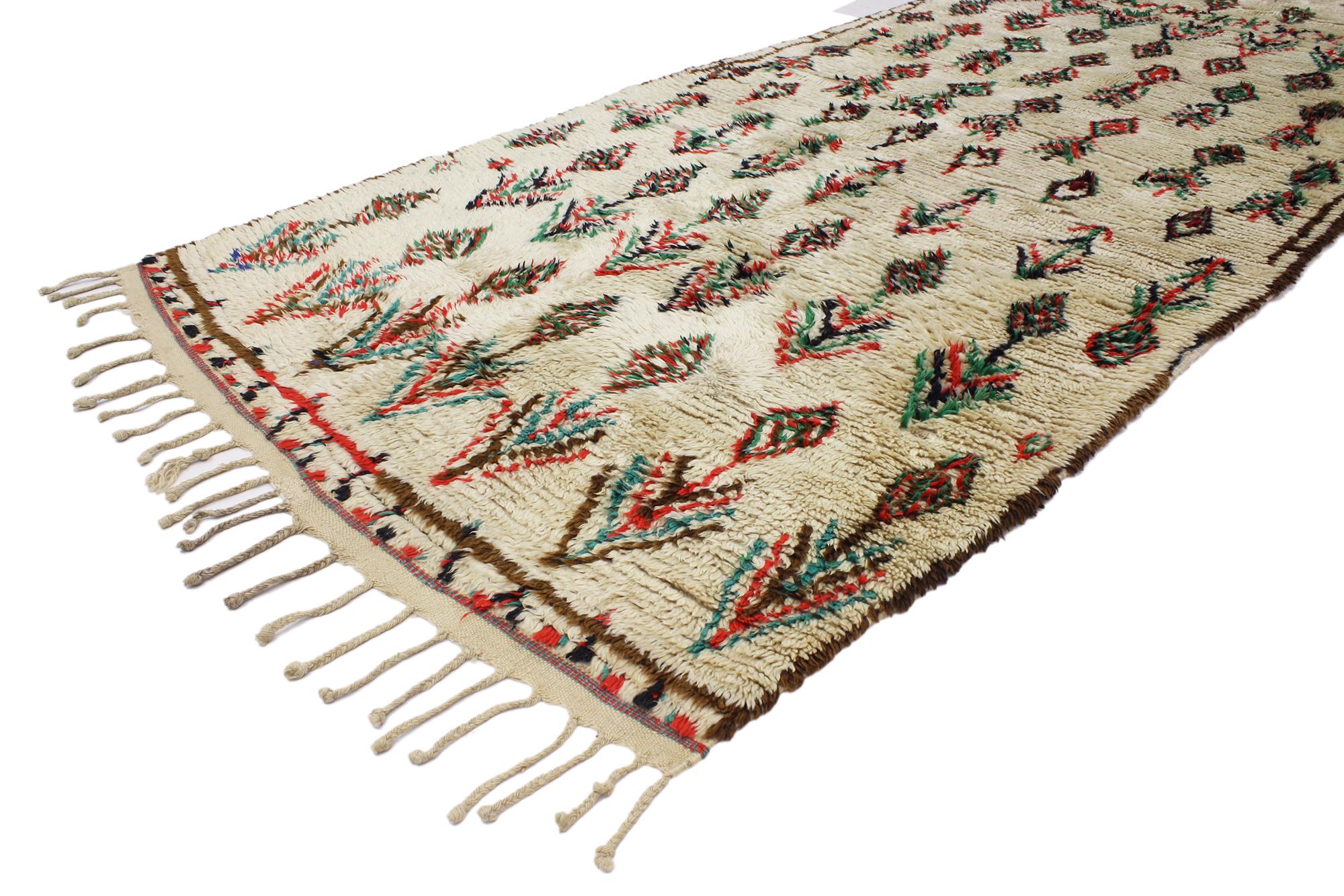 20363 Vintage Berber Moroccan Azilal Rug Runner with Tribal Bohemian Style 04'03 x 11'00. With its boho chic style and nomadic charm, this vintage Berber Moroccan Azilal runner with modern tribal design conveys a sense of beauty and mystery.
