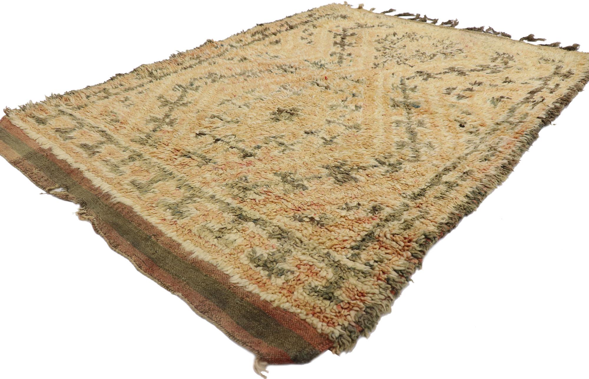 21555 Vintage Berber Moroccan Rug, 03'08 x 05'02.
Emanating tribal style and neutral boho chic with incredible detail and texture, this handwoven wool vintage Berber Moroccan rug is a captivating vision of woven beauty. The eye-catching tribal
