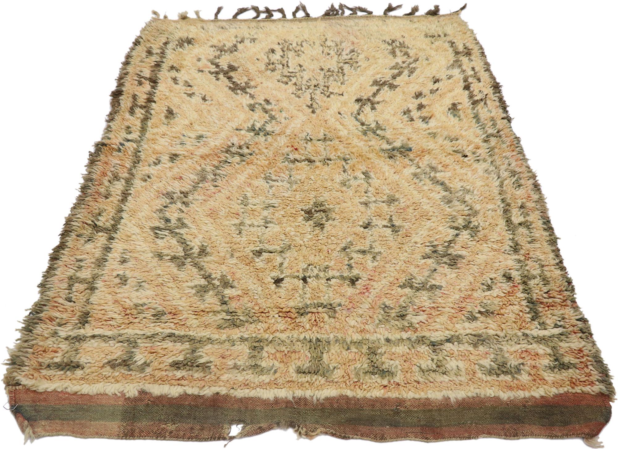 Bohemian Vintage Berber Moroccan Azilal Rug, Tribal Style Meets Neutral Boho Chic For Sale