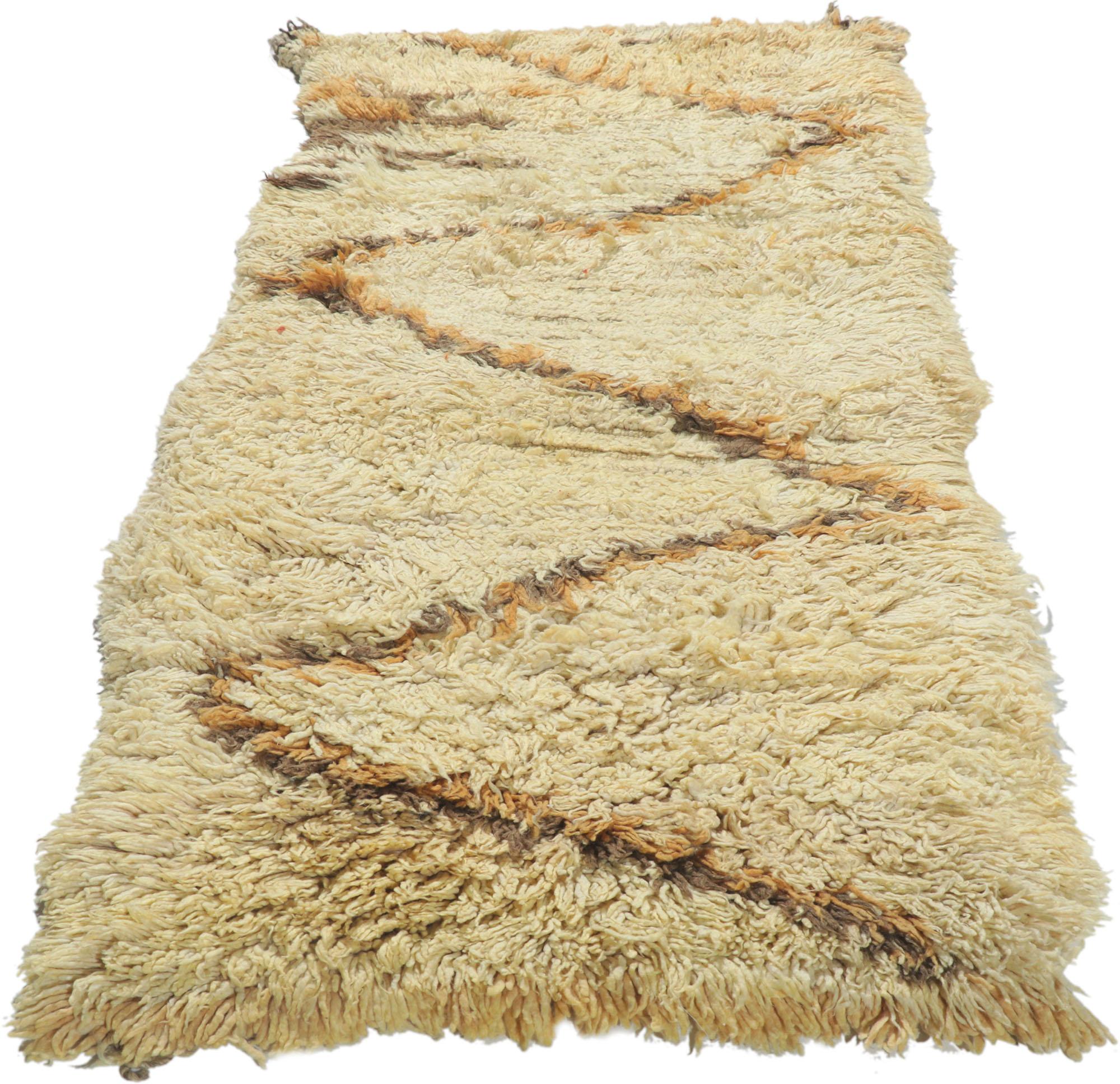 Hand-Knotted Vintage Berber Moroccan Azilal Rug, Wabi-Sabi Meets Neutral Bohemian Style For Sale