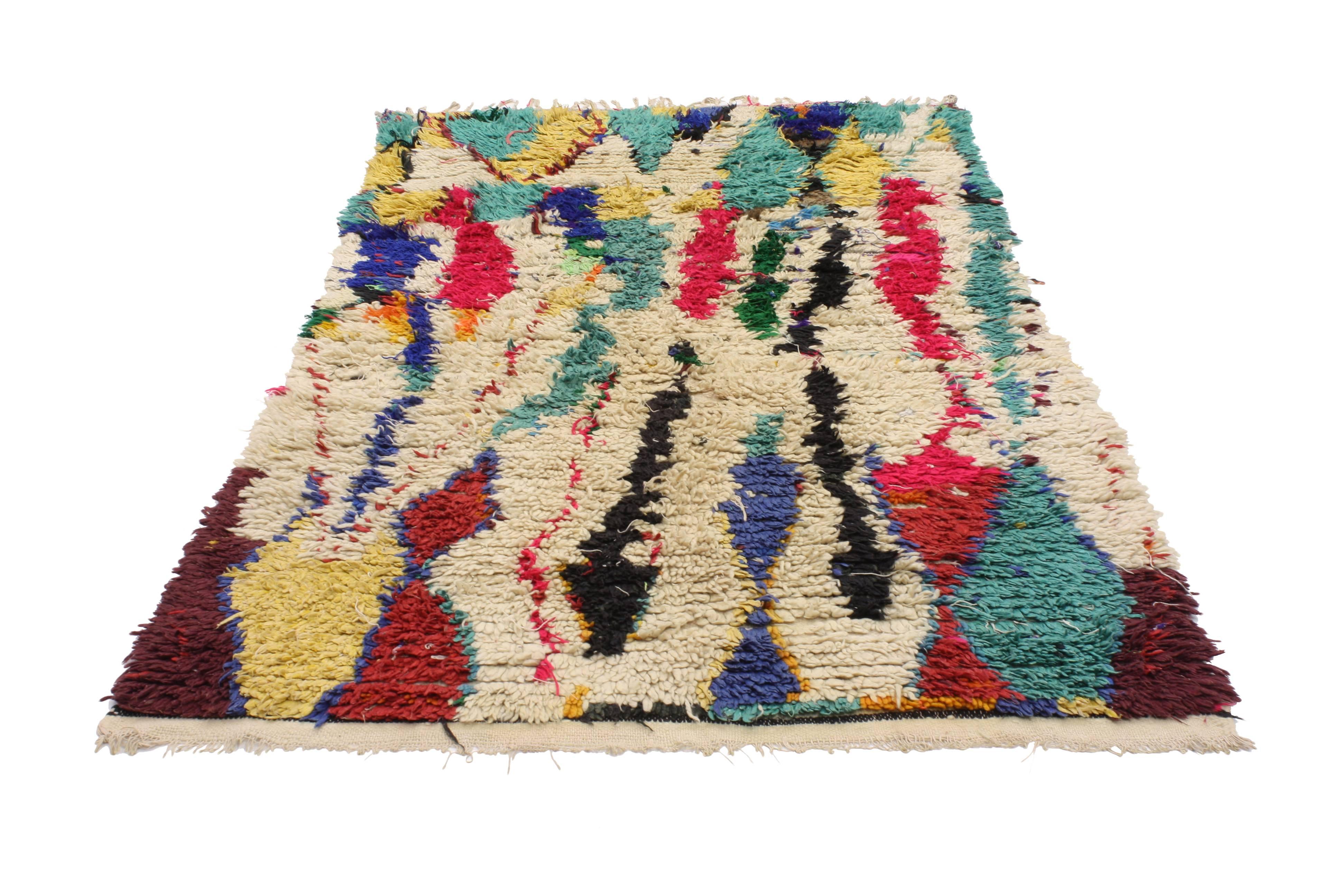 20454, vintage Berber Moroccan Azilal rug with abstract expressionist style. This hand knotted wool vintage Moroccan Azilal rug features a bold poly-chromatic contemporary abstract design. Rendered in a kaleidoscope of colors ranging from oxblood