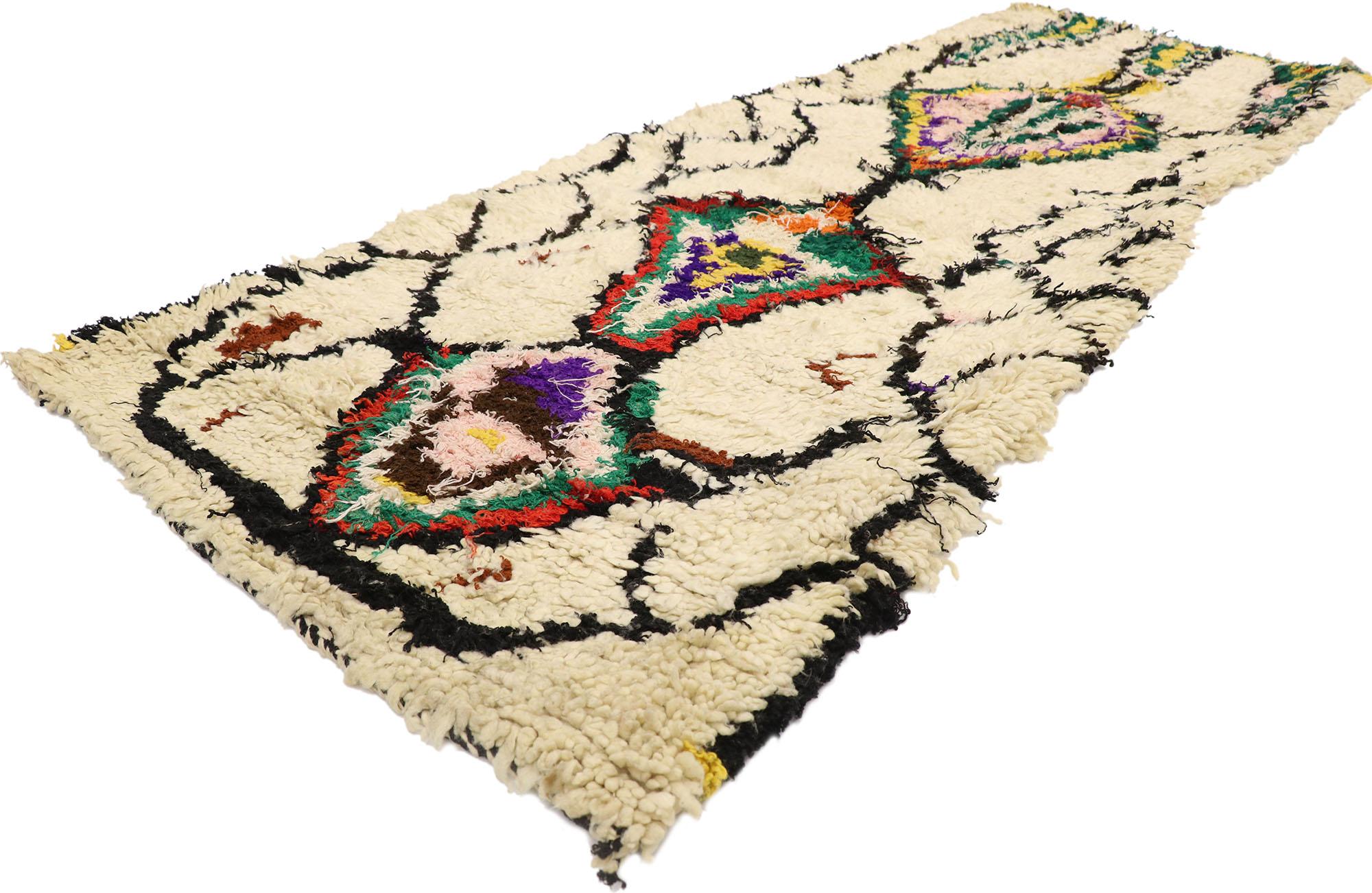 21541 Vintage Berber Moroccan Azilal Rug with Bohemian Tribal Style 02'08 x 06'10. Showcasing a bold expressive tribal design, incredible detail and texture, this hand knotted wool vintage Berber Moroccan Azilal rug is a captivating vision of woven