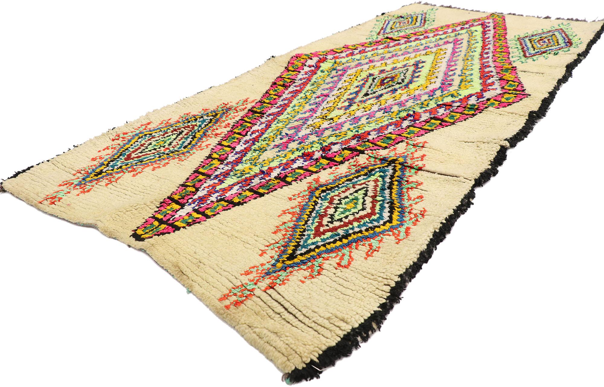 21535 Vintage Berber Moroccan Azilal Rug with Bohemian Tribal Style 03'02 x 07'01. Showcasing a bold expressive tribal design, incredible detail and texture, this hand knotted wool vintage Berber Moroccan Azilal rug is a captivating vision of woven
