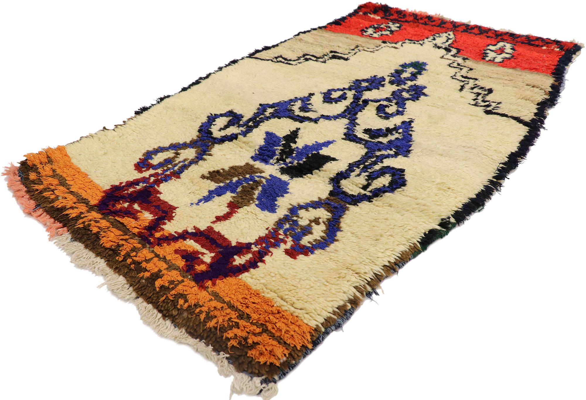 21576 Vintage Berber Moroccan Azilal rug with Bohemian Tribal Style 02'08 x 04'10. Showcasing a bold expressive tribal design, incredible detail and texture, this hand knotted wool vintage Berber Moroccan Azilal rug is a captivating vision of woven
