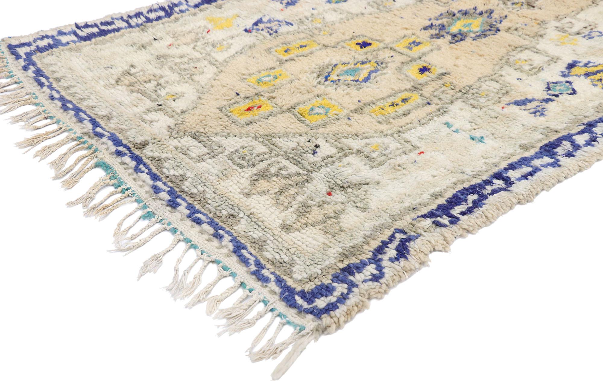 21069, vintage Berber Moroccan Azilal rug with boho chic Hygge style and Memphis design 03'06 x 06'02. Softer yet no less striking, this hand knotted wool vintage Berber Moroccan rug features an abrashed beige field covered with various ambiguous