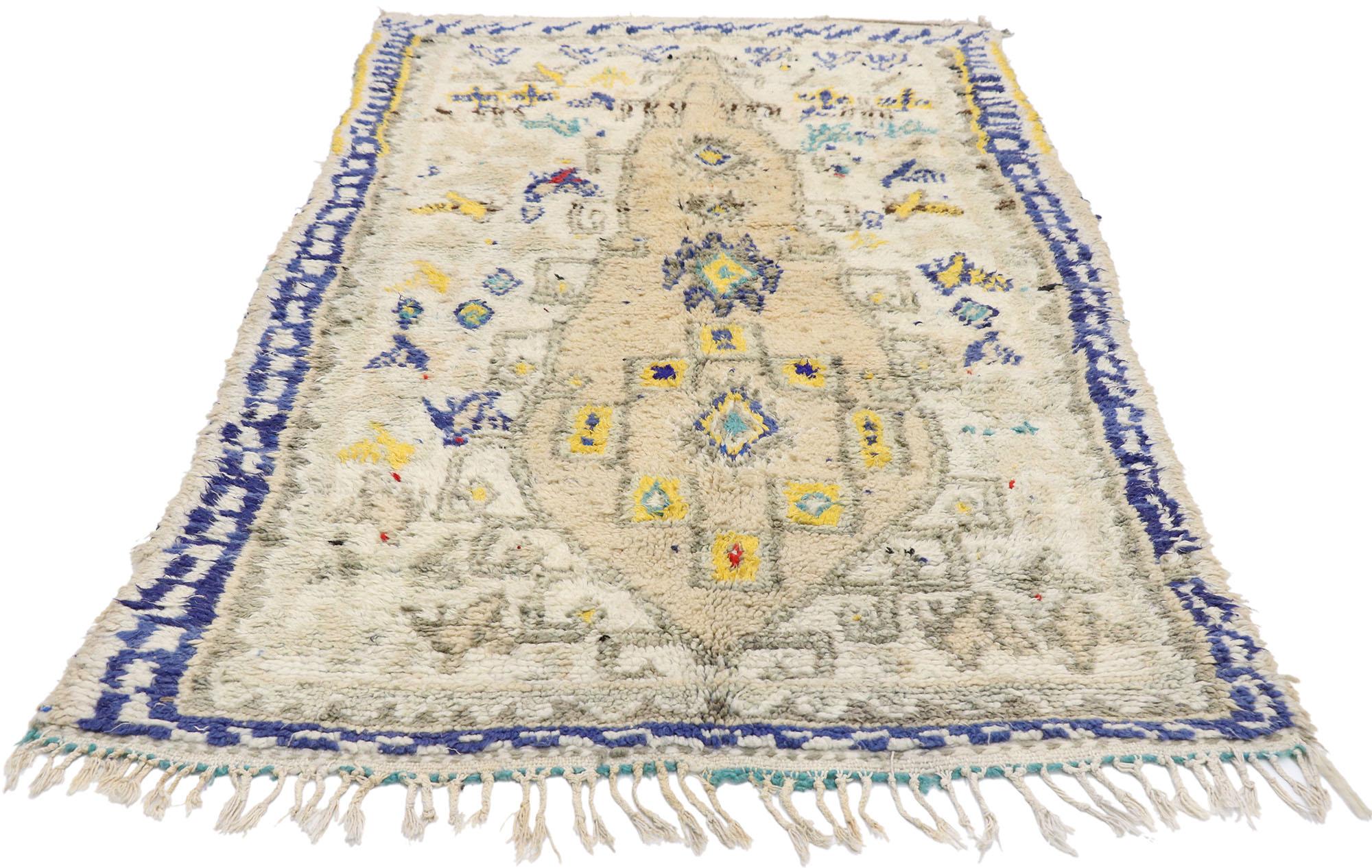 Bohemian Vintage Berber Moroccan Azilal Rug with Boho Chic Hygge Style and Memphis Design For Sale