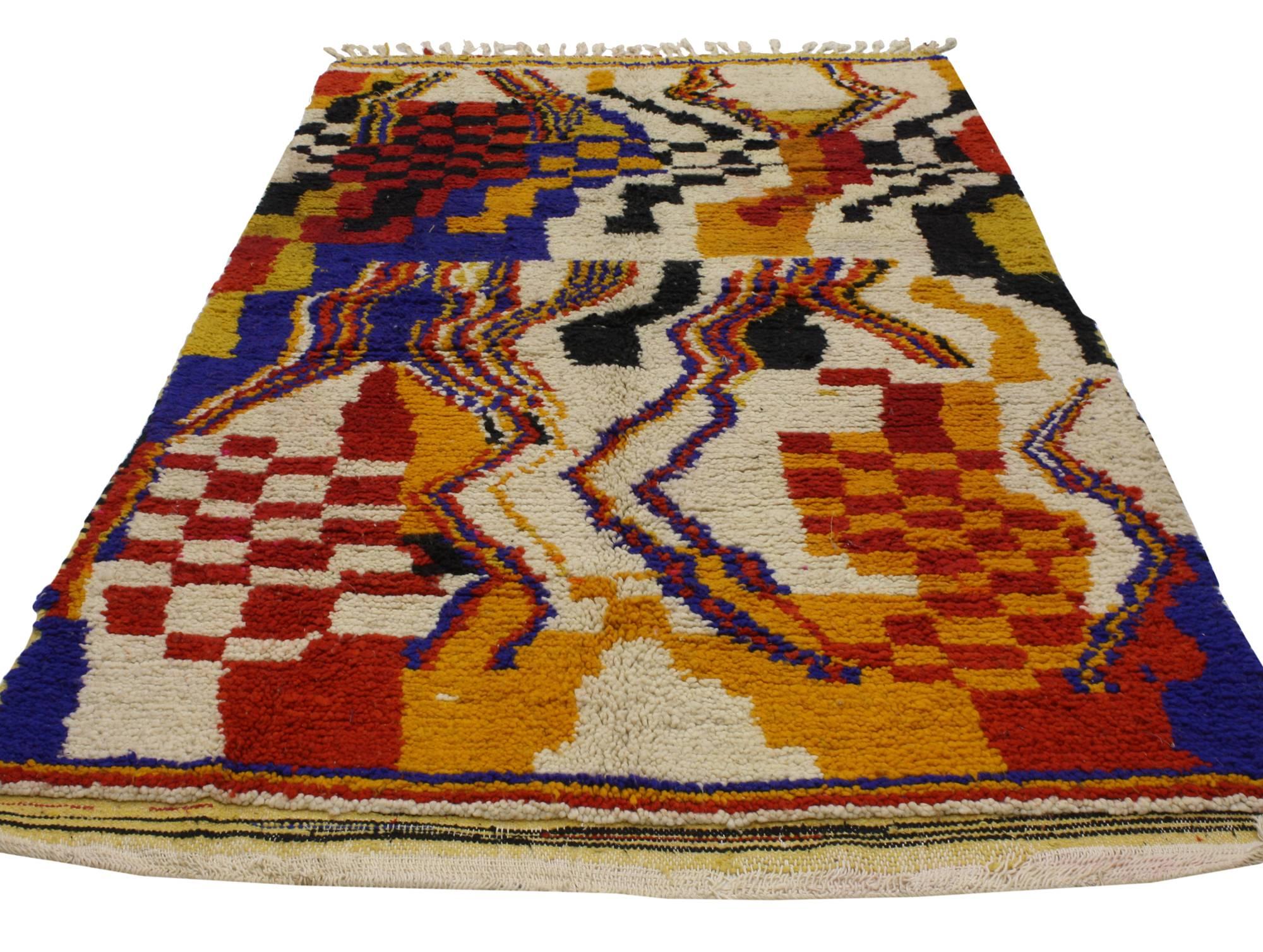 20446 Vintage Berber Moroccan Azilal Rug with Cubism Design and Post-Modern Style. The subtlety of a cream colored background used to ornament the Berber Moroccan Azilal rug strikingly contrast with the poly-chromatic cubes of the field. A myriad of