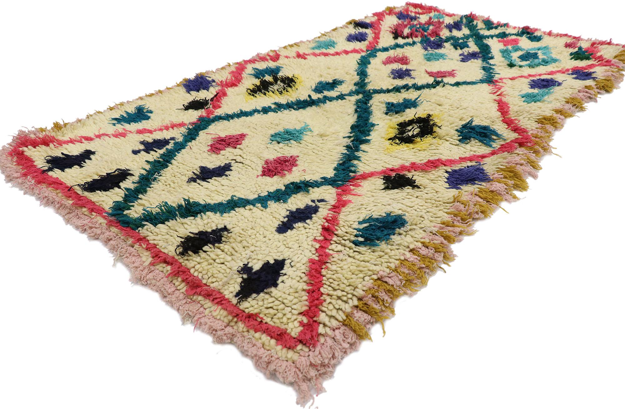 21596 Vintage Berber Moroccan Azilal Rug with Hygge Boho Chic Style 03'00 x 06'00. Showcasing a bold expressive design, incredible detail and texture, this hand knotted cotton and wool vintage Berber Moroccan Azilal rug is a captivating vision of