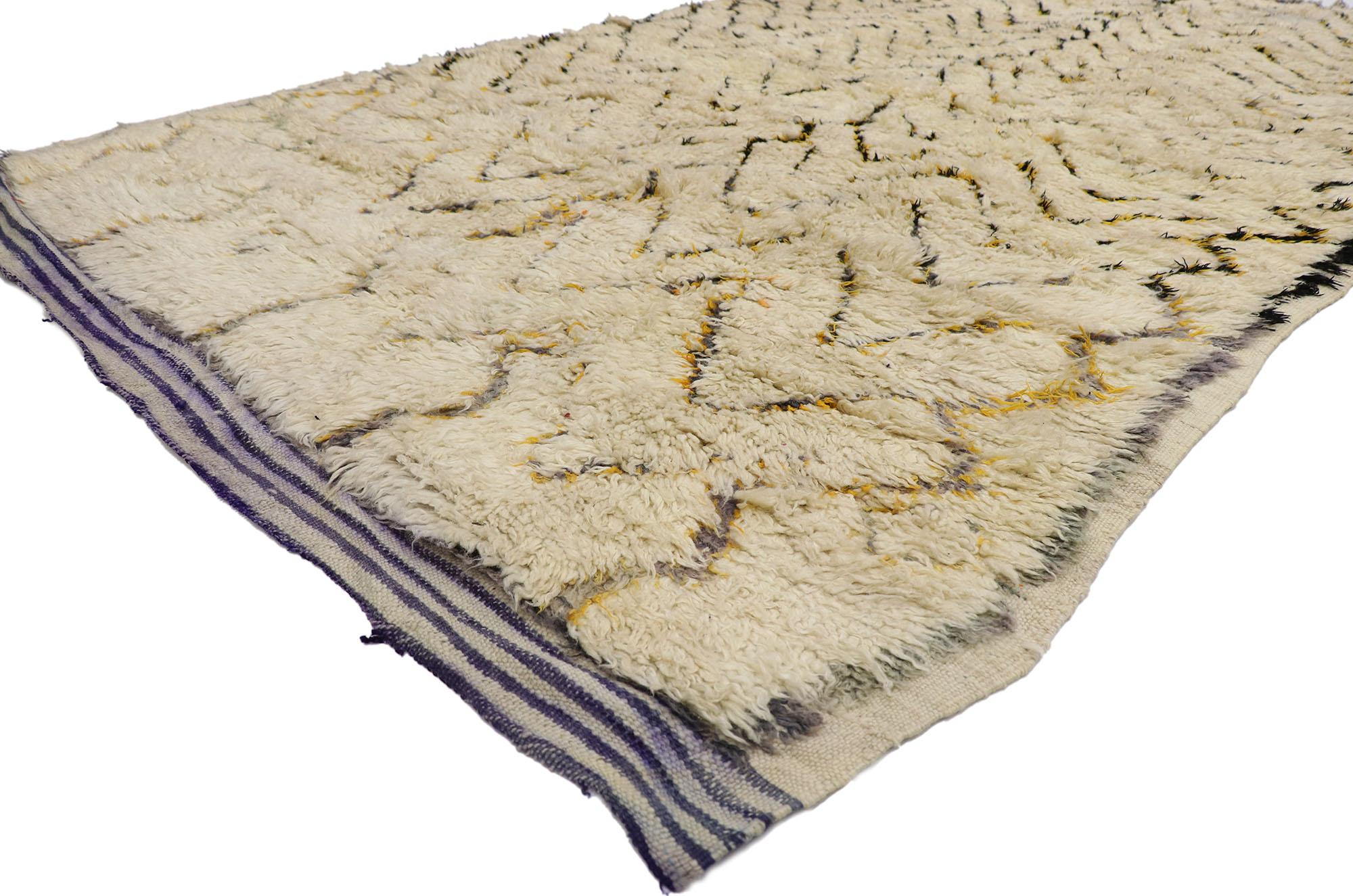 21351 Vintage Berber Moroccan Azilal rug with Mid-Century Modern Style 05'03 x 09'00. With its simplicity, plush pile and Mid-Century Modern style, this hand knotted wool vintage Berber Moroccan Azilal rug is a captivating vision of woven beauty. It
