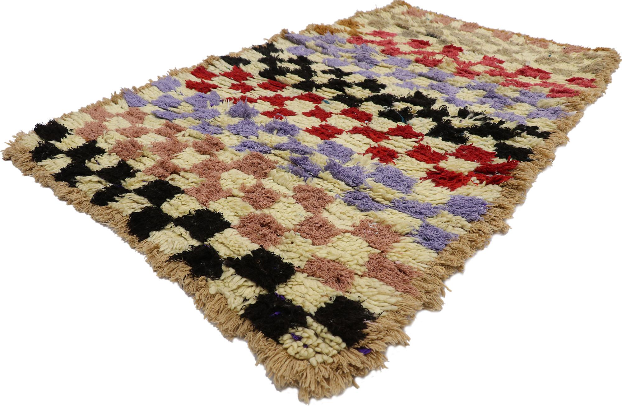 21571 vintage Berber Moroccan Azilal rug with Modern Cubist style 03'03 x 05'03. Showcasing a bold expressive design, incredible detail and texture, this hand knotted cotton and wool vintage Berber Moroccan Azilal rug is a captivating vision of