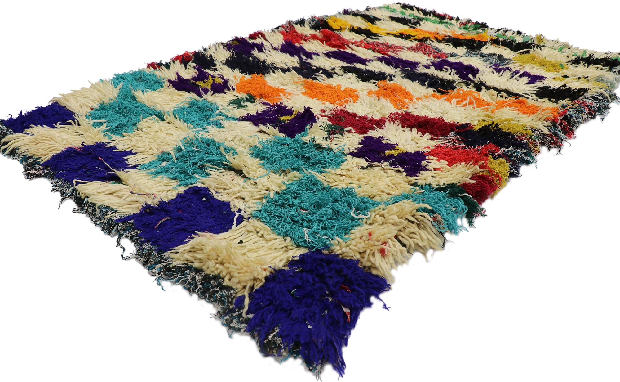 21592 Vintage Berber Moroccan Azilal Rug with Modern Cubist Style 03'07 x 05'05. Showcasing a bold expressive design, incredible detail and texture, this hand knotted cotton and wool vintage Berber Moroccan Azilal rug is a captivating vision of