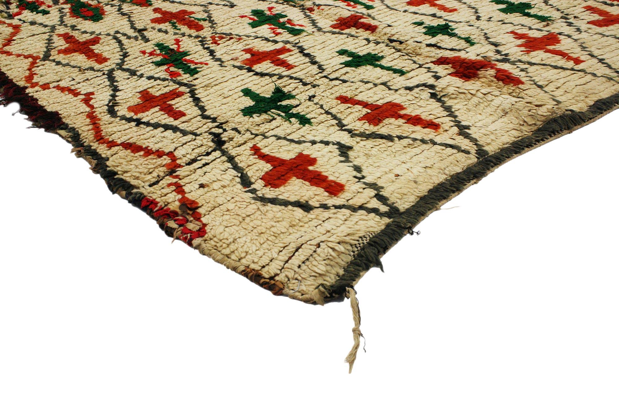 ​74761 Vintage Berber Moroccan Azilal Rug with Modern Tribal Style 04'03 x 05'10. Balancing Berber charm and tribal style, this hand knotted wool vintage Moroccan Azilal rug features a diamond trellis dotted with cross motifs, lozenges, and