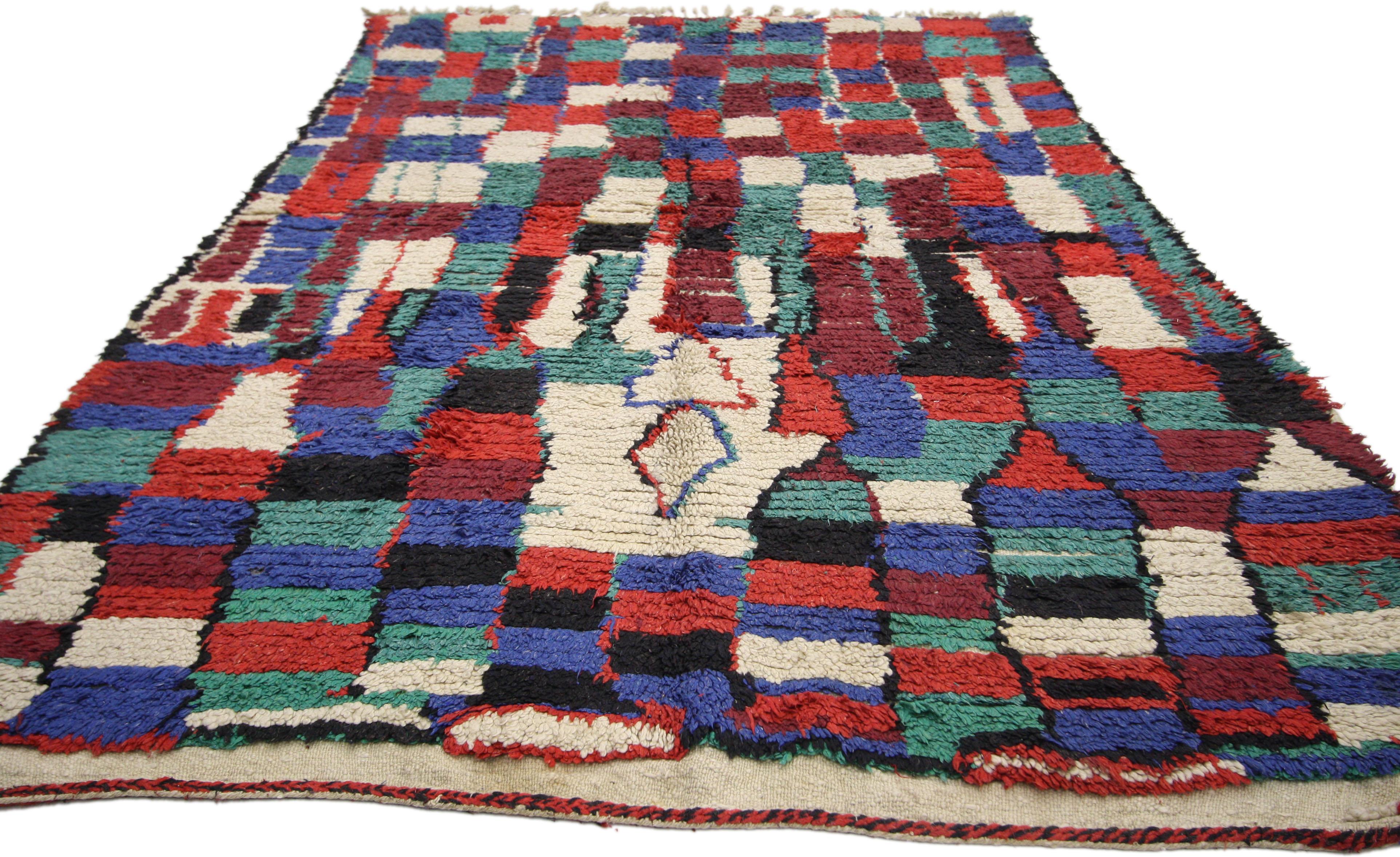 Hand-Knotted Vintage Berber Moroccan Azilal Rug with Color Block Design For Sale