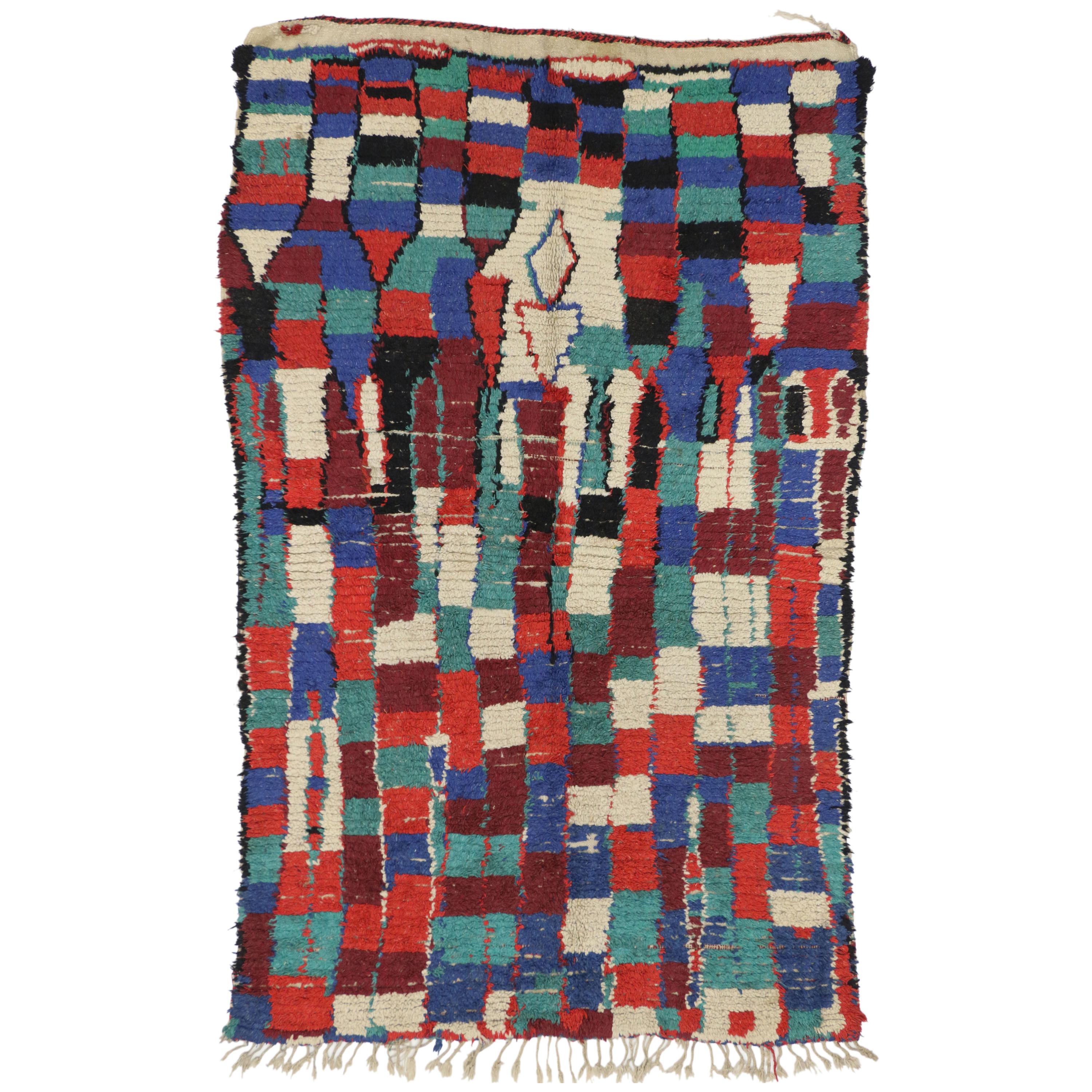 74550, vintage Berber Moroccan Azilal rug with Postmodern Bauhaus and Cubism style. This hand knotted wool contemporary Berber Moroccan Azilal rug with Postmodern Bauhaus and Cubism style features an asymmetrical graphic block pattern and ambiguous
