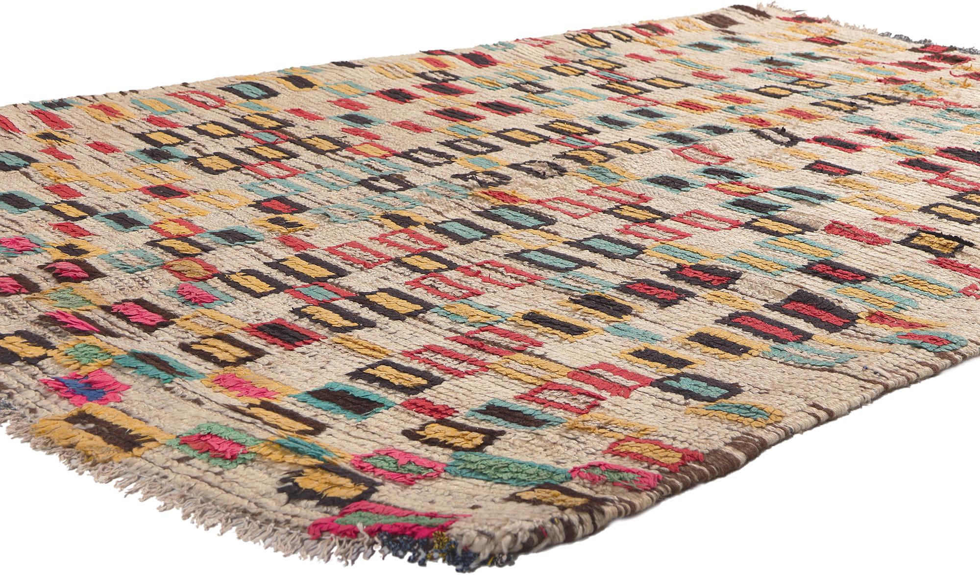 74554 Vintage Berber Moroccan Azilal Rug, 04'06 x 06'02. Hailing from the provincial capital of central Morocco in the High Atlas Mountains, Azila rugs are a type of Berber rug renowned for their geometric patterns and kaleidoscope of colors. Step