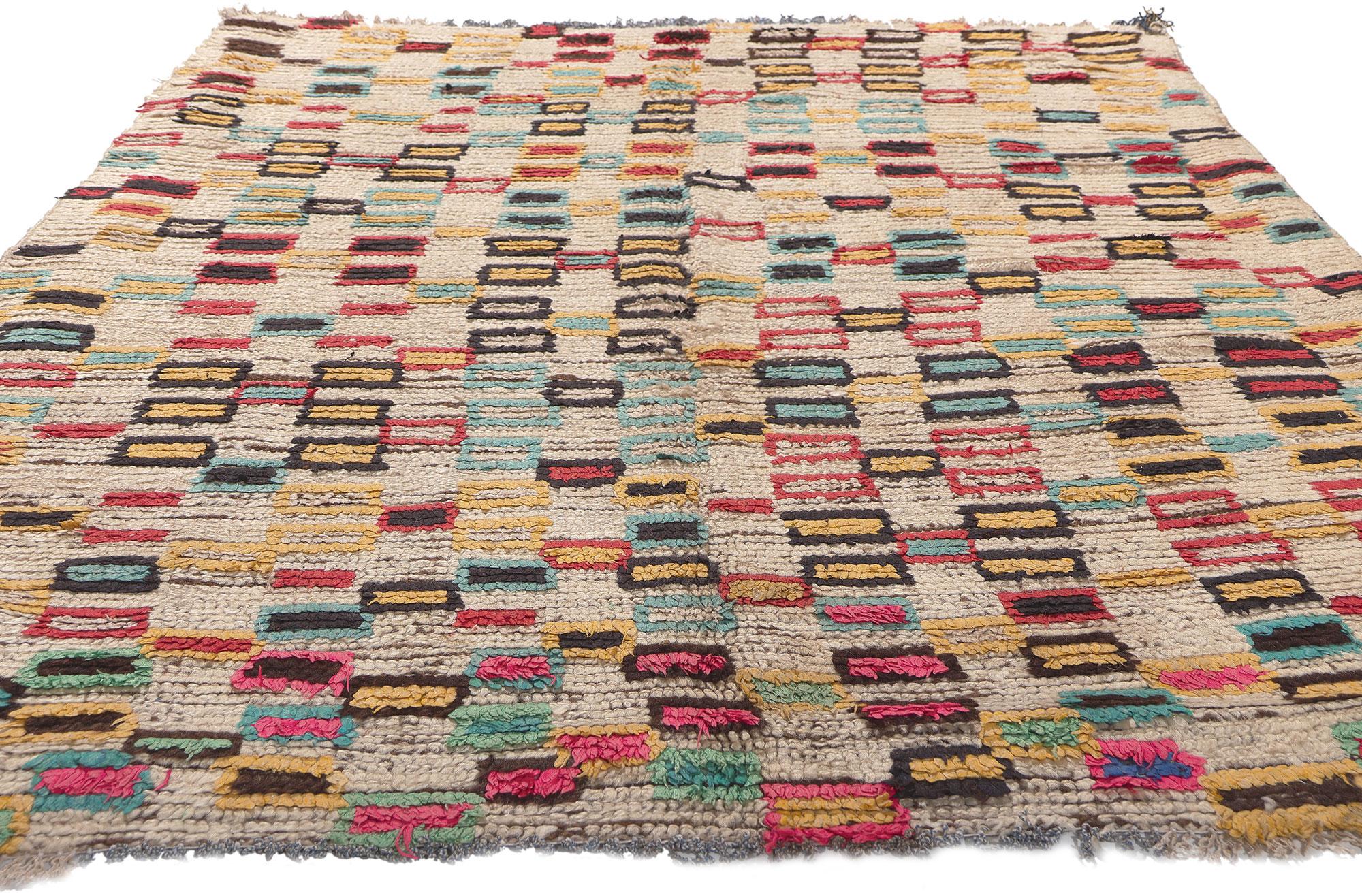 Bohemian Colorful Vintage Moroccan Azilal Rug, Tribal Enchantment Meets Cubist Style For Sale
