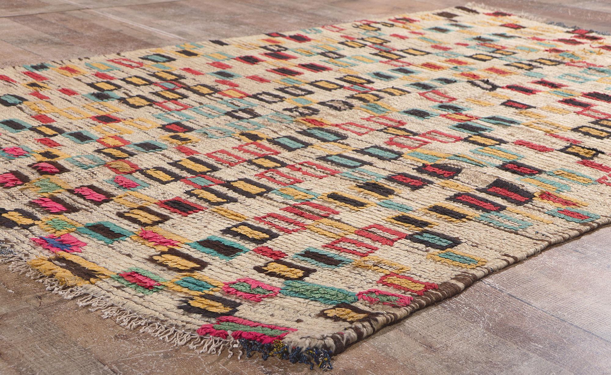 Wool Colorful Vintage Moroccan Azilal Rug, Tribal Enchantment Meets Cubist Style For Sale