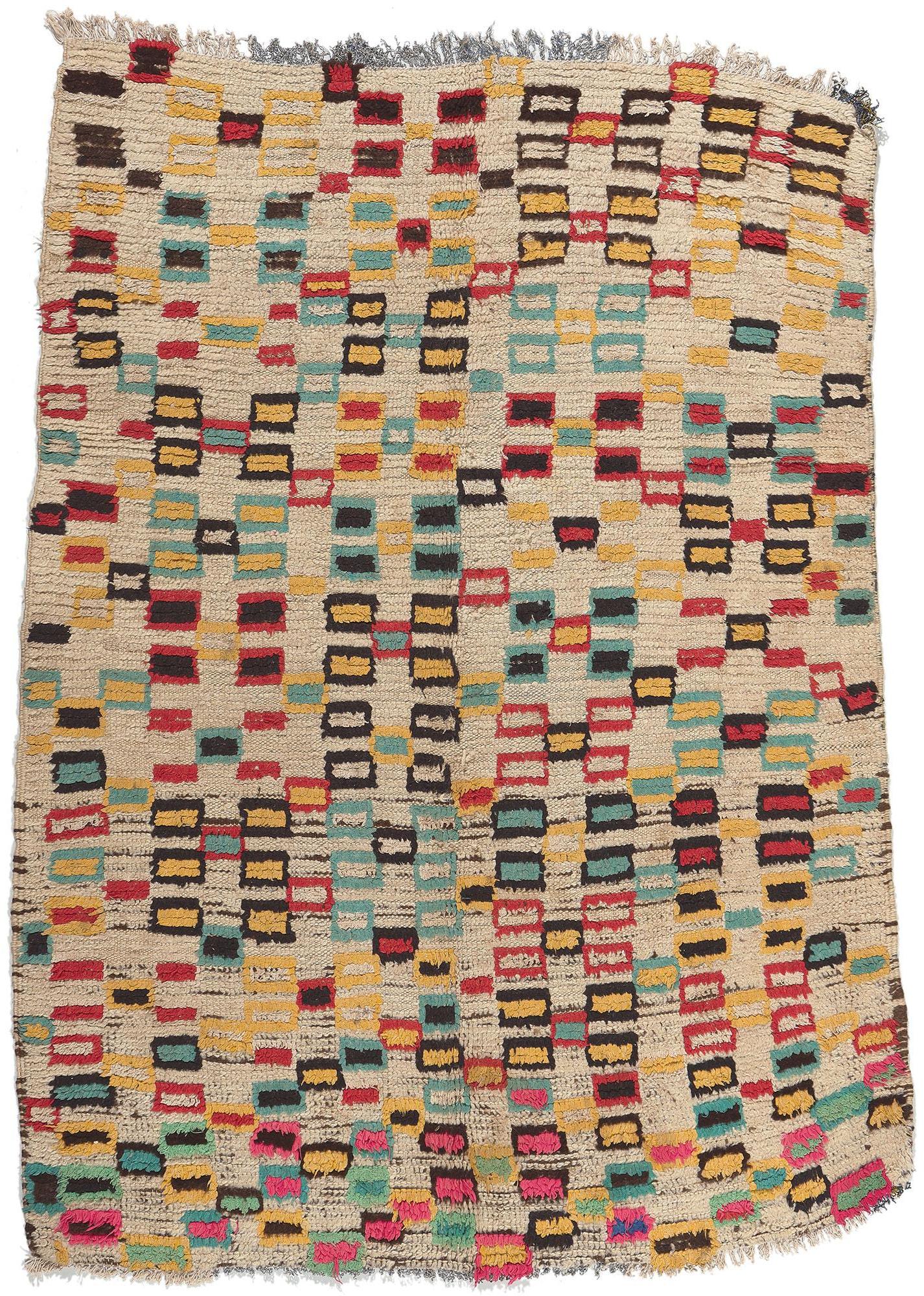 Colorful Vintage Moroccan Azilal Rug, Tribal Enchantment Meets Cubist Style For Sale