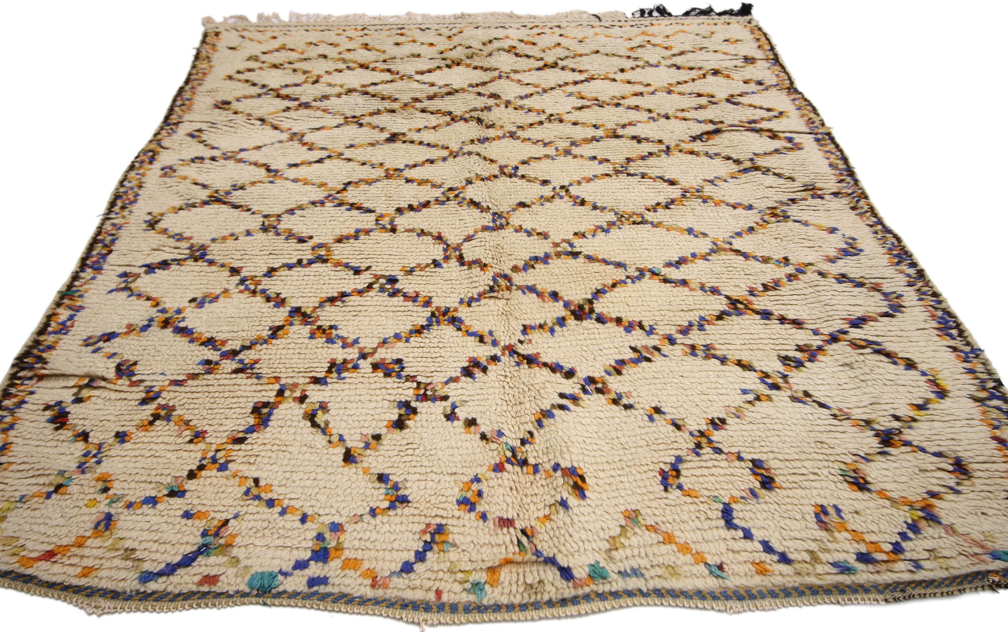 Bohemian Vintage Berber Moroccan Azilal Rug with Tribal Style, Colorful Moroccan Rug For Sale