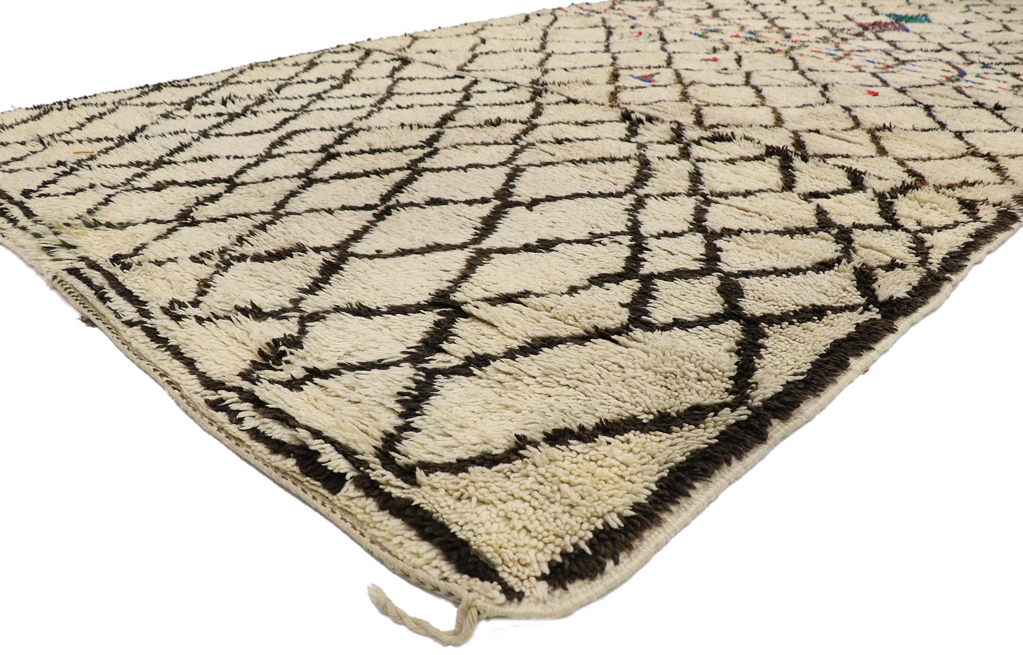21398 Vintage Berber Moroccan Azilal rug with Tribal Style 06'05 x 14'06. With its simplicity, plush pile and tribal style, this hand knotted wool vintage Berber Moroccan Azilal runner is a captivating vision of woven beauty. It features a diamond